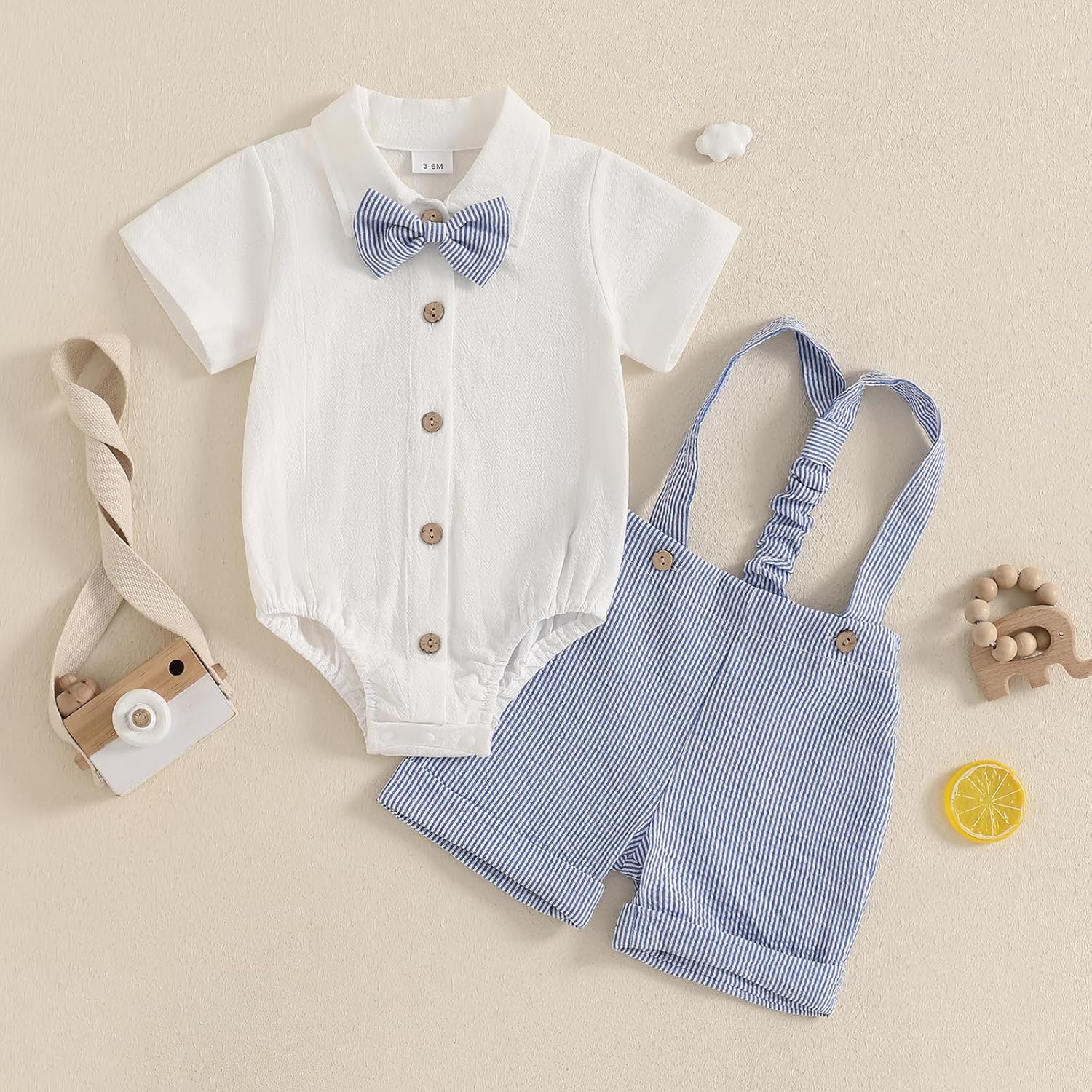 Toddler Boy Gentleman Outfit Solid Color Short Sleeves Bow Tie Romper Shorts Set Baby Boys Summer Clothes - Image 3