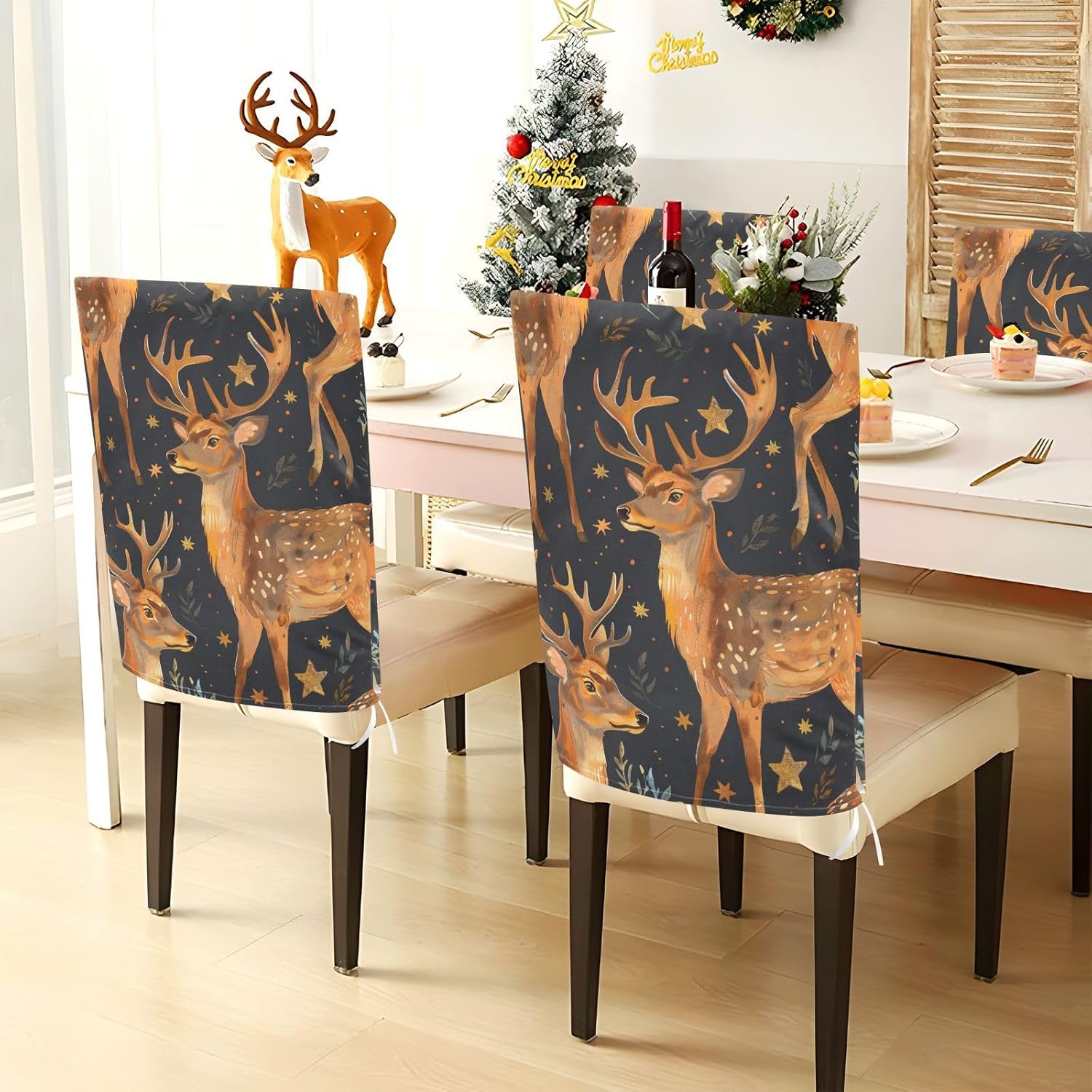ALAZA Deers Stars Chair Back Cover Set of 6, Washable Reusable Removable Chair Slipcovers Decorative Chair Cover for Home Kitchen Wedding Party