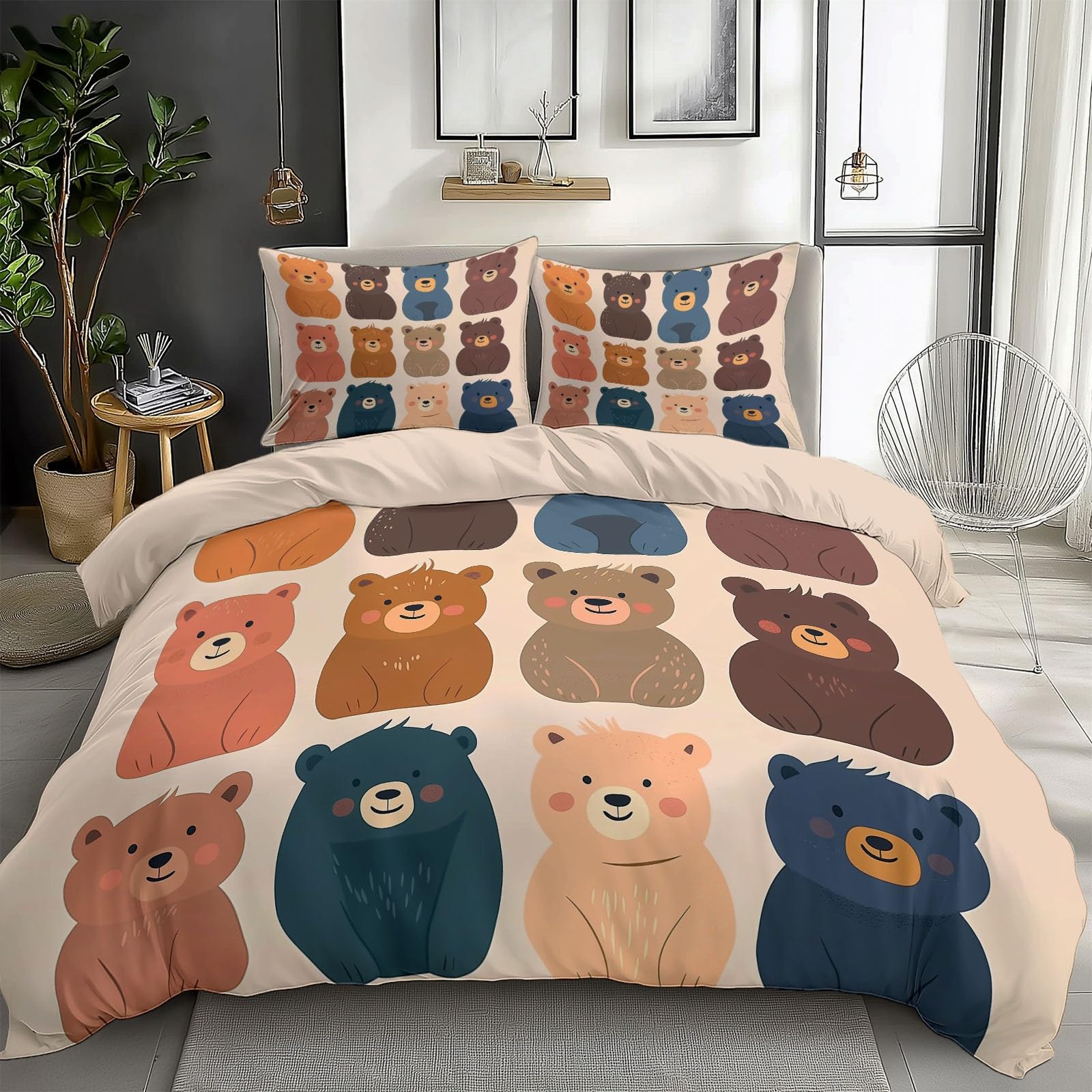Bedding Sets Cartoon Animal Bear Print Duvet Cover Set, Comforter Cover 3D Duvet Cover Full Size Soft Youth Reversible 3-Piece Quilt Cover for Kids Teens