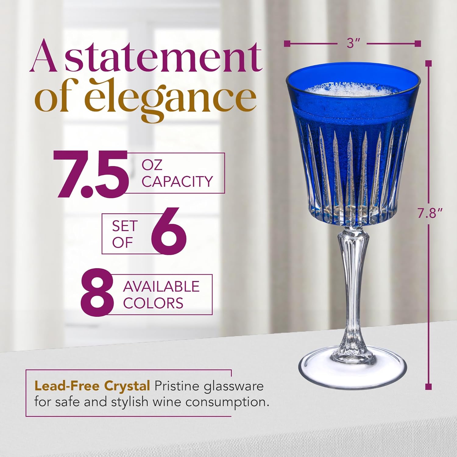 Barski European Colored Wine Glasses - Set of 6 Goblets for Red or White Wine - Elegant Glassware Water Goblets - Gift Ready Stemware, Colorful Glasses, 7.5 oz, Cobalt (Blue) - Image 4