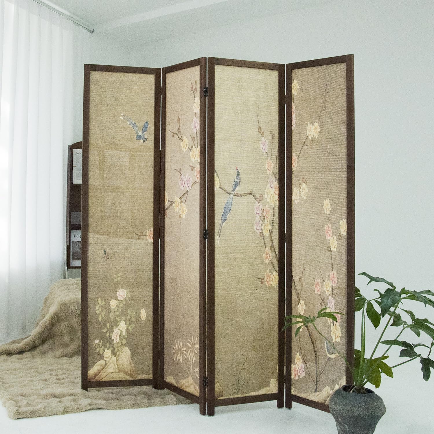 furnnylane 4 panel bamboo room divider, 5.6 ft tall double sided folding privacy screen for room separation, premium thickened wood frame wall divider, colourful plum (67" h x 63" w)