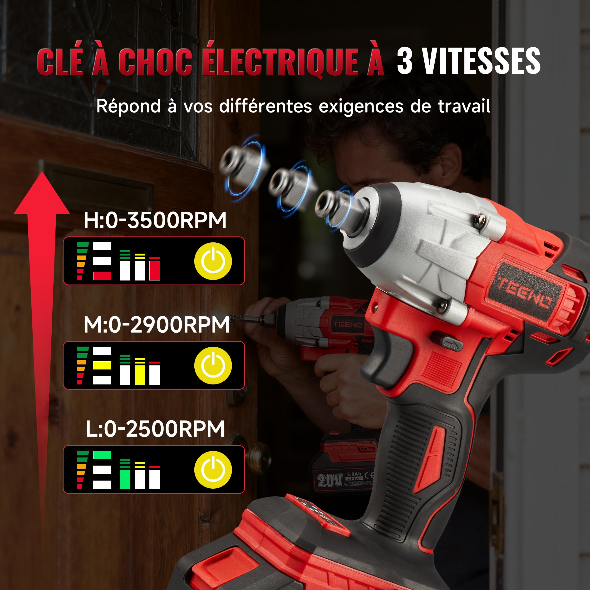 TEENO Brushless Clé à chocs sans fil, 320Nm Boulonneuse a Choc avec 3.0Ah Batterie, Boulons de Roue, Boîte avc 25pcs Accessoires