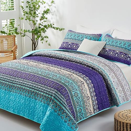 Miniatura 2 de WONGS BEDDING Juego de edredón bohemio, edredón estampado de rayas bohemias azules y moradas, colcha de microfibra ligera para decoración de cama