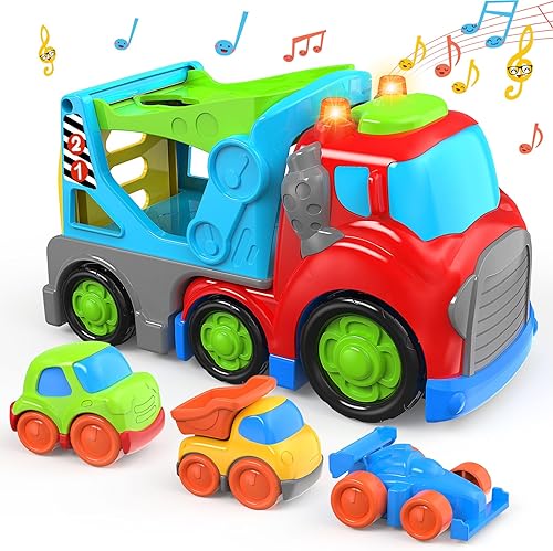 Miniatura 1 de Camión de juguete para niños de 1, 2, 3, 4 años, paquete de 4 camiones transportadores de vehículos urbanos juguetes con efectos de sonido y luces