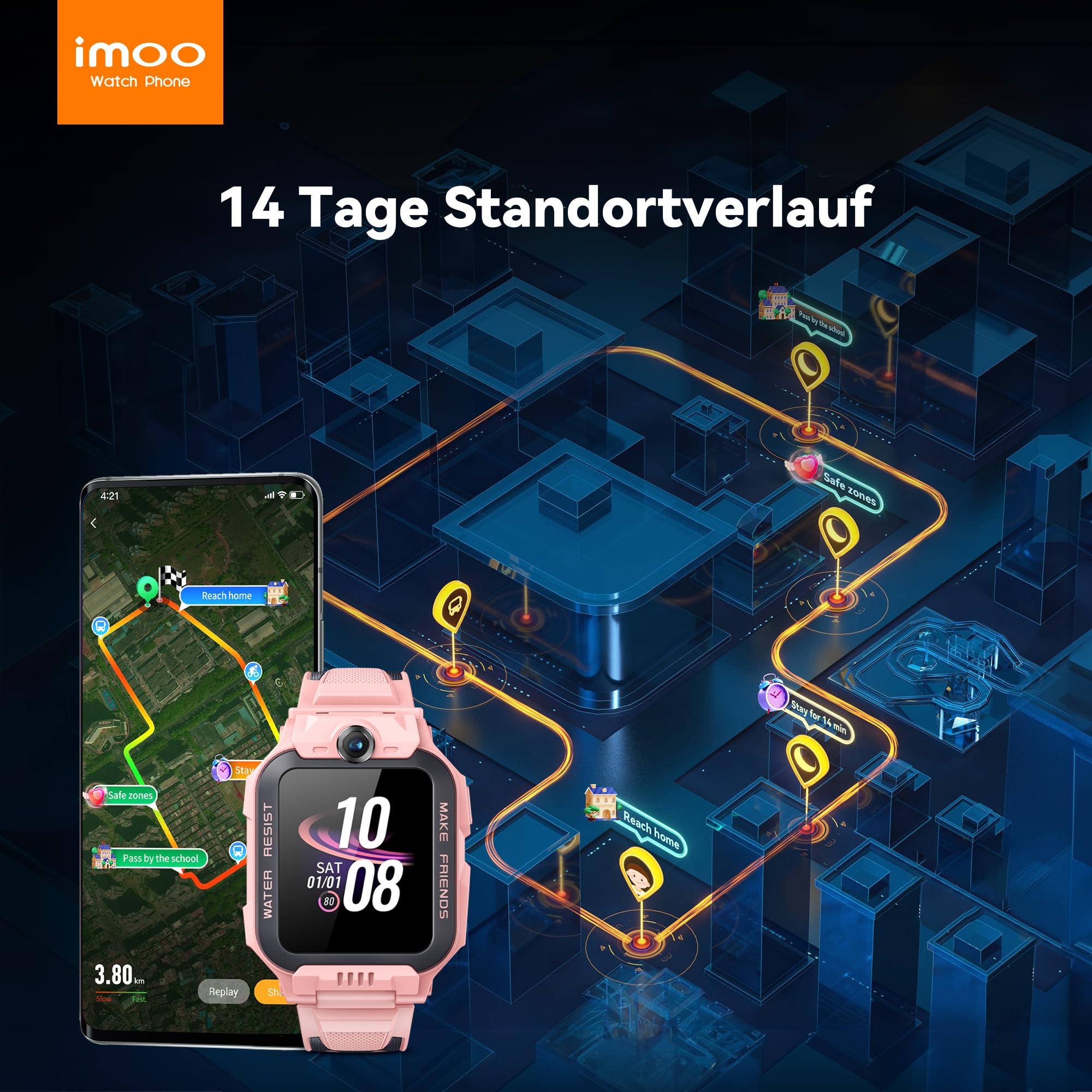 imoo Z7 Smartwatch Kinder, Flip-Dualkamera, Videoanruf, GPS | HD-Videoanruf, VoLTE, Chat, SIM-Slot, 5-Satelliten-GPS-Ortung, Gesundheits-Tracking, Sportmodi, SOS, IPX8, Schulmodus