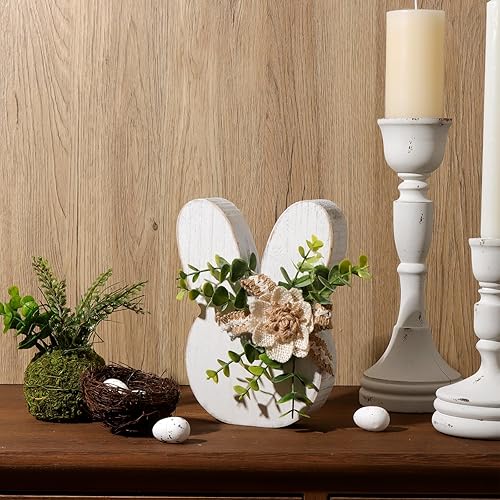 Miniatura 4 de Decoraciones de Pascua para el hogar: Rústica Antigua Conejito de Madera Feliz Pascua Mesa, Conejo Blanco de Granja con Flores Conejo de Madera