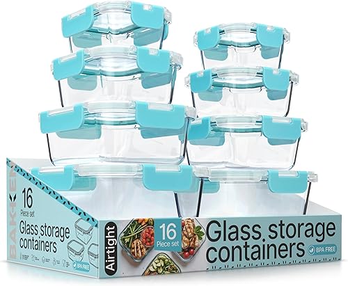 Recipientes de vidrio de borosilicato Aqua con tapas, 16 piezas, grado alimenticio, apilables, sin BPA, recipientes de almuerzo y sobras, aptos para
