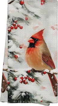 Winter Cardinal Bird Christmas Kitchen Towels, Snowy Bird Forest Farmhouse Gifts Hand Towels for Women Holiday, Rustic Decorative Hand Dish Towels for Bathroom Decor 16x24 Inch