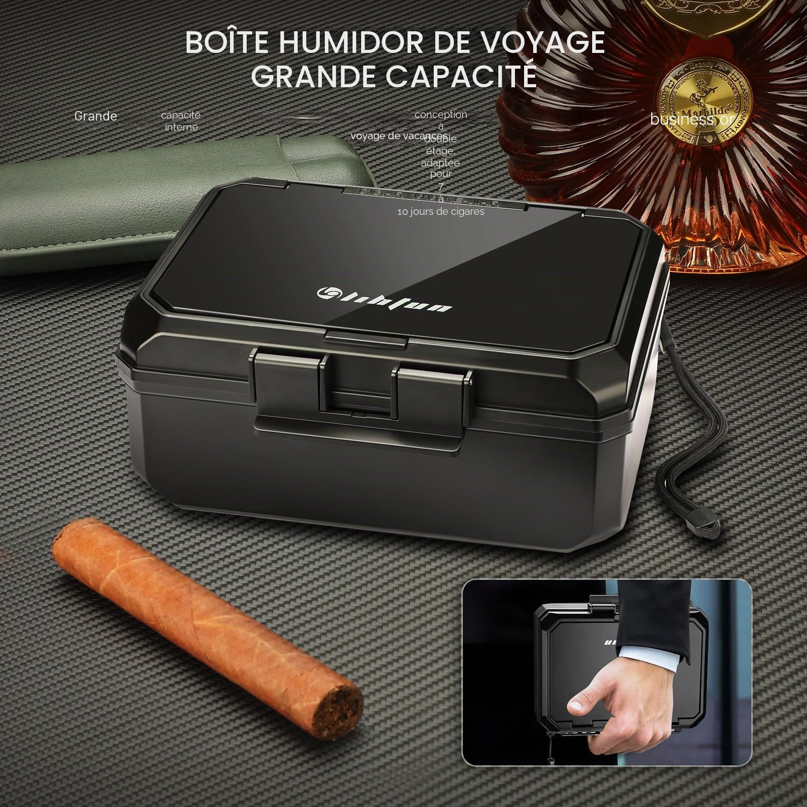 LIHTUN Ensemble d'accessoires pour cigares et cave à cigares de voyage avec 2 coupe-cigares, 1 perforateur à cigares, hygromètre, triple cave à cigares, excellent cadeau pour homme