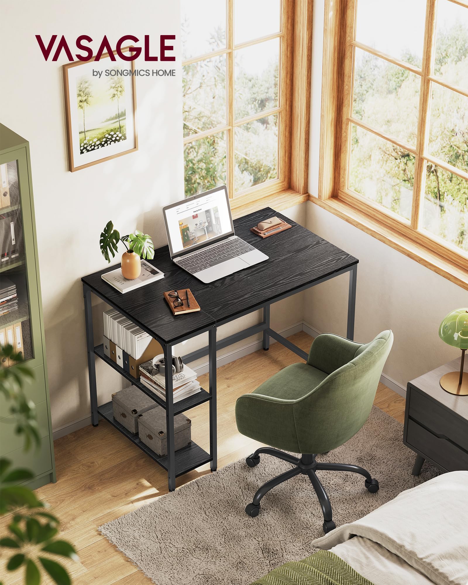 VASAGLE Bureau met opbergruimte, computertafel, met 2 omkeerbare planken, werkplek, voor thuiskantoor, woonkamer, stalen frame, industriële stijl, houtzwart LWD046B04