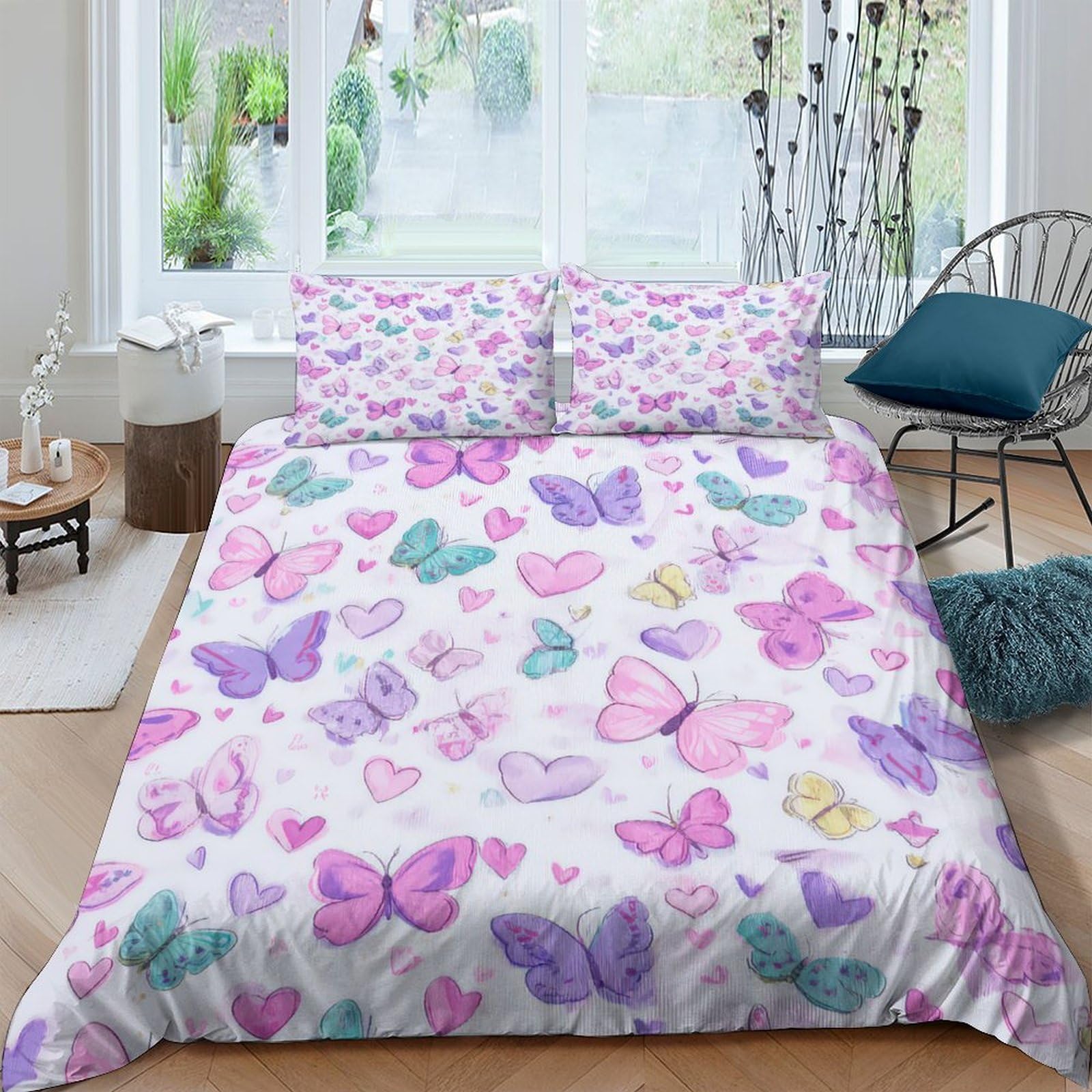 Ctjqhvkz Style-2 3D Printed Colorful Butterfly Fitted Sheet Microfiber Soft Breathable Pastel Heart Mattress Cover For Bedroom Dorm Decor Single（135X200cm）