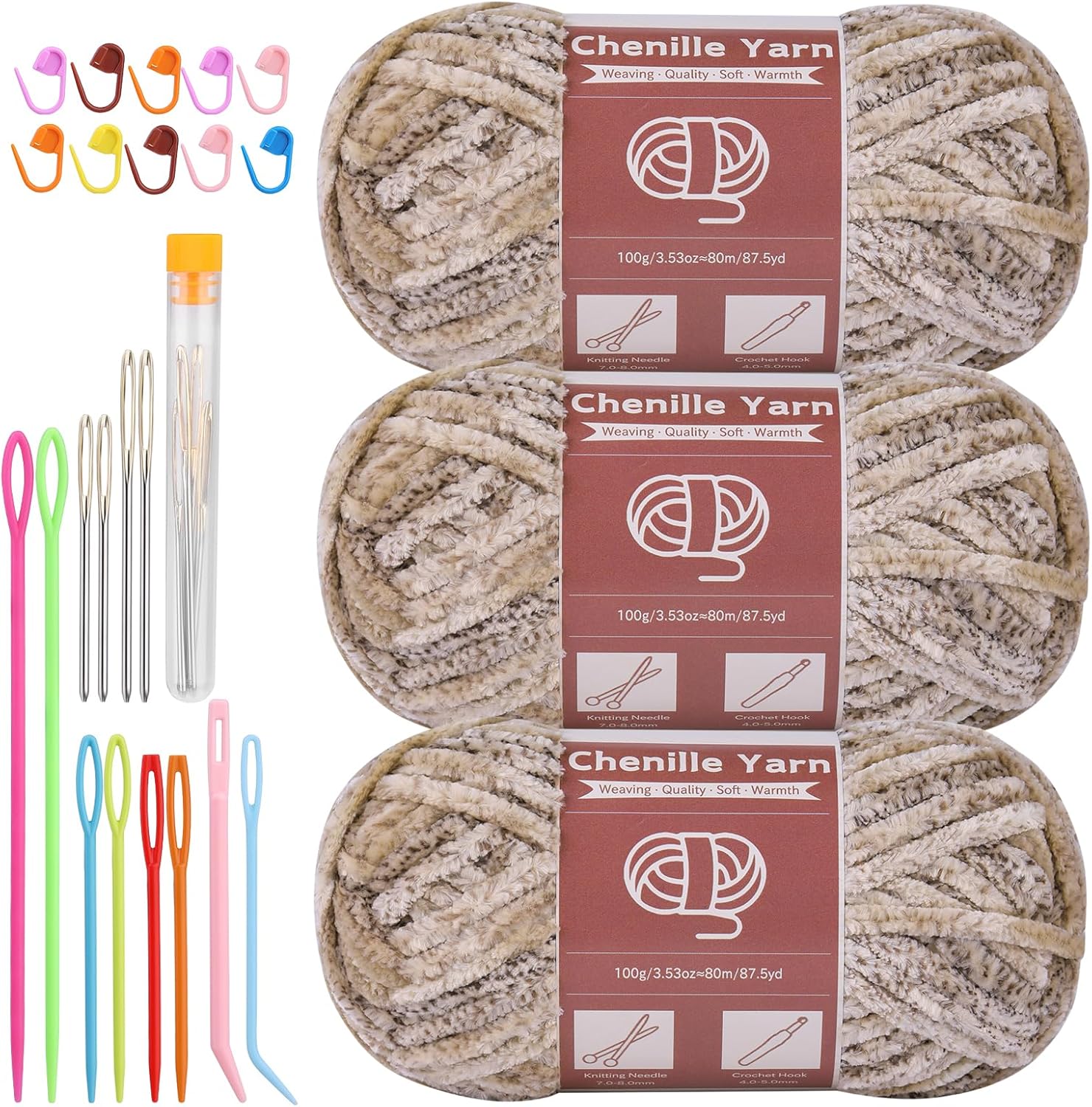 LUNARM 3 * 100g Chenille Yarn, Yarn for Crocheting Knitting with Big Eye Needles, Handcrafts Weaving Soft Chenille Yarn for Making Blankets Clothes Pattern Knitting Creations (Light Khaki Gradient) Gradient-Light Khaki Gradient-3 Skeins