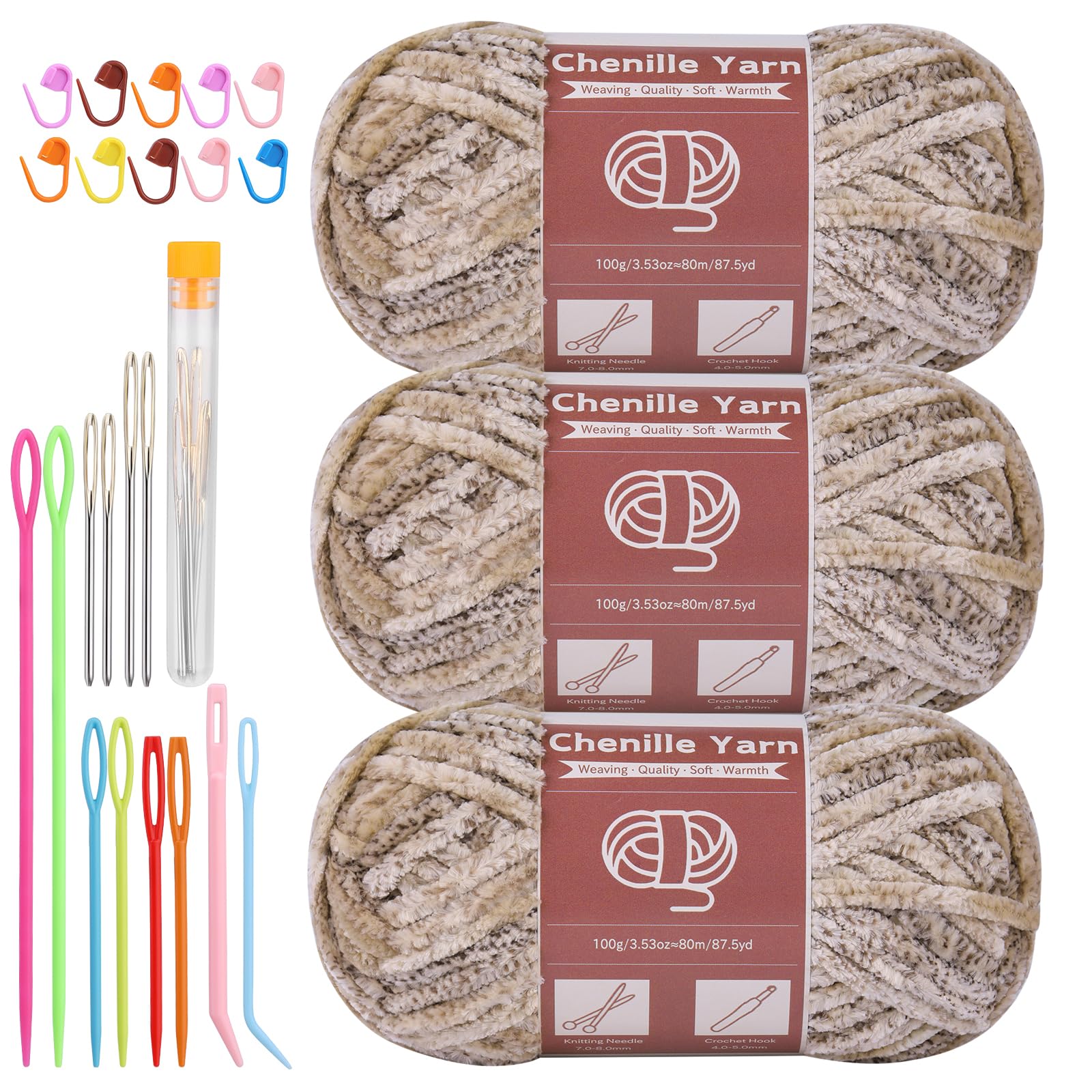 LUNARM Chenille Yarn for Crochet Knitting Chunky Blanket Velvet Yarn | 3 Pack 3.5oz/100g 263 Yard Light Khaki Gradient Yarn for Beginners Knitting Scarves with Big Eye Needles Machine Washable