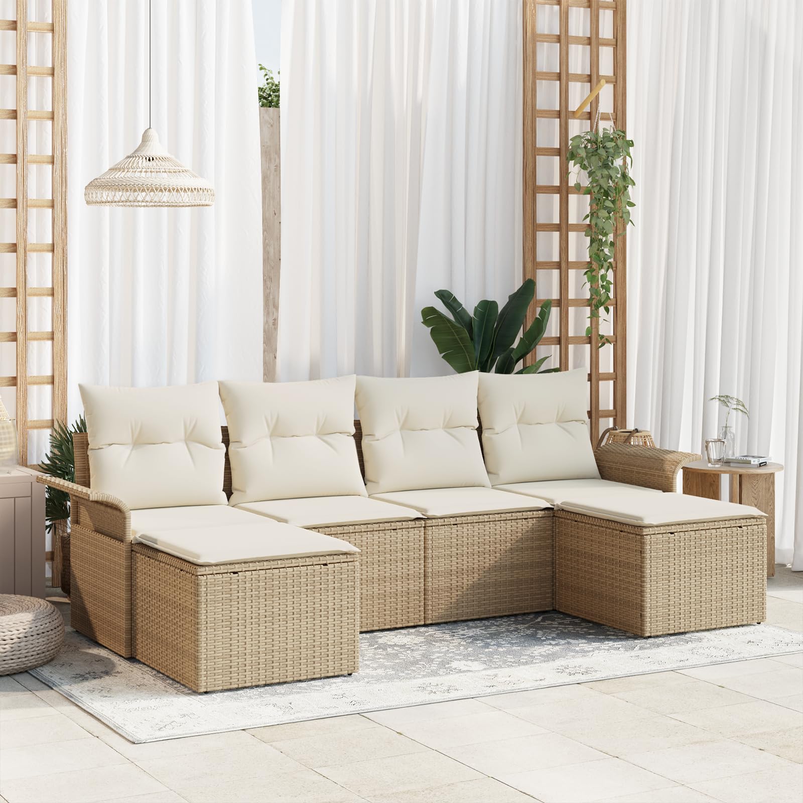 Juego de 6 sofás de jardín con cojines beige de poliratán, resistente a la intemperie, para exteriores, muebles de jardín, muebles de relax, muebles de terraza