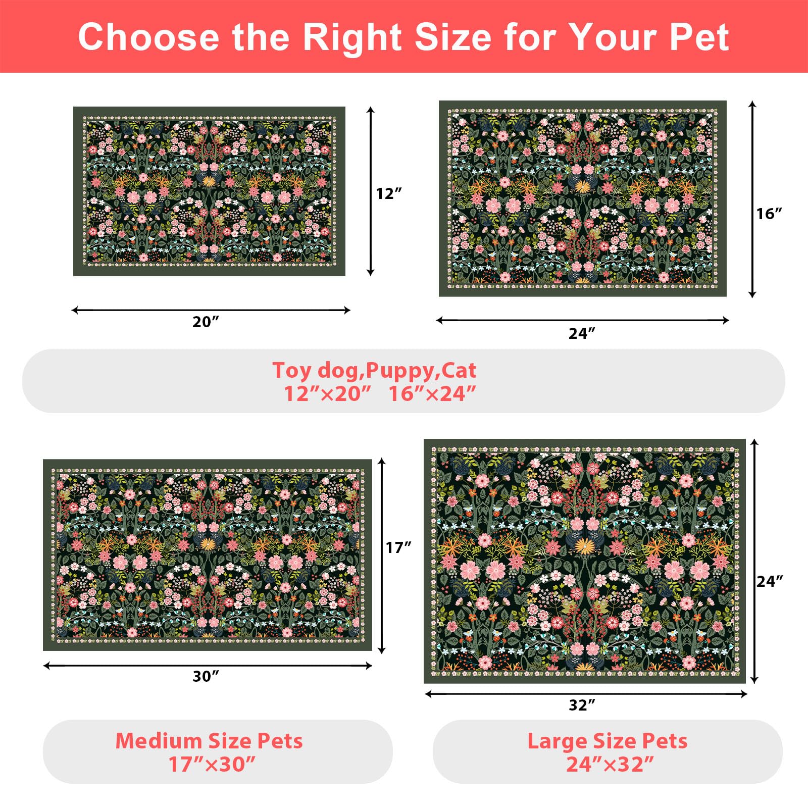 Tappetino per cibo per cani per pavimenti vintage boho floreale impermeabile per cibo per gatti e ciotole d'acqua – verde scuro assorbente ad asciugatura rapida antiscivolo tappetino per