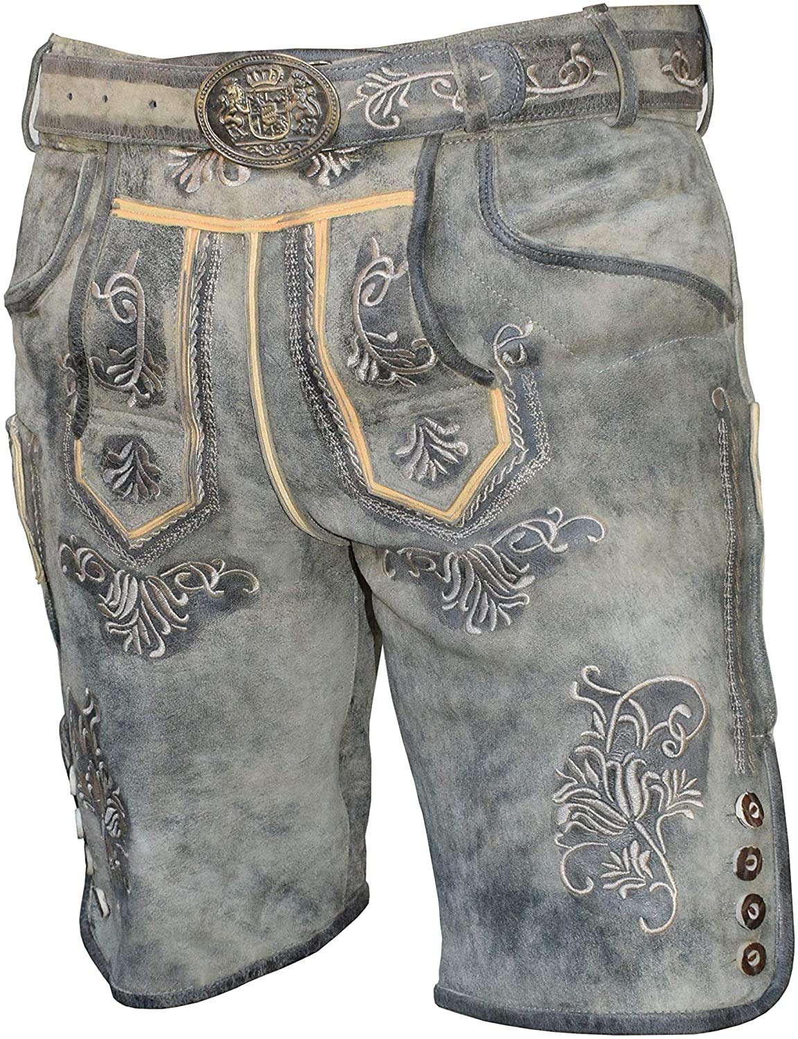 Kurze Herren Trachten Lederhose mit Gürtel, Antik Smoke, Wildbockleder, Alpen Spirit