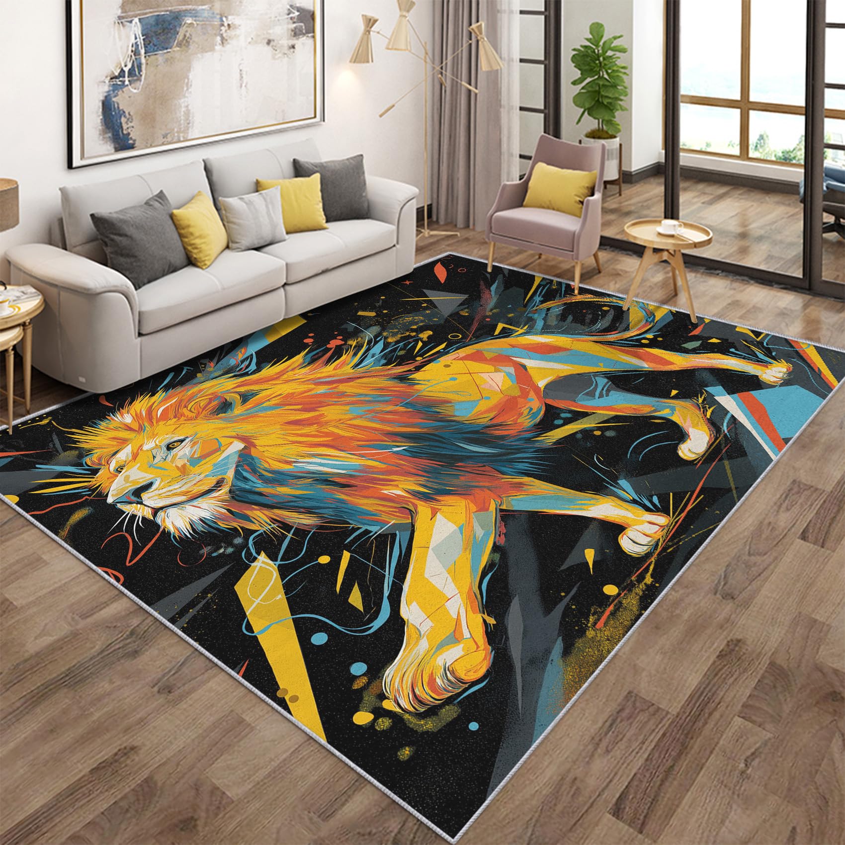 Tapis de salon lion coloré 140x200cm, tapis animaux abstrait antidérapant pour chambre