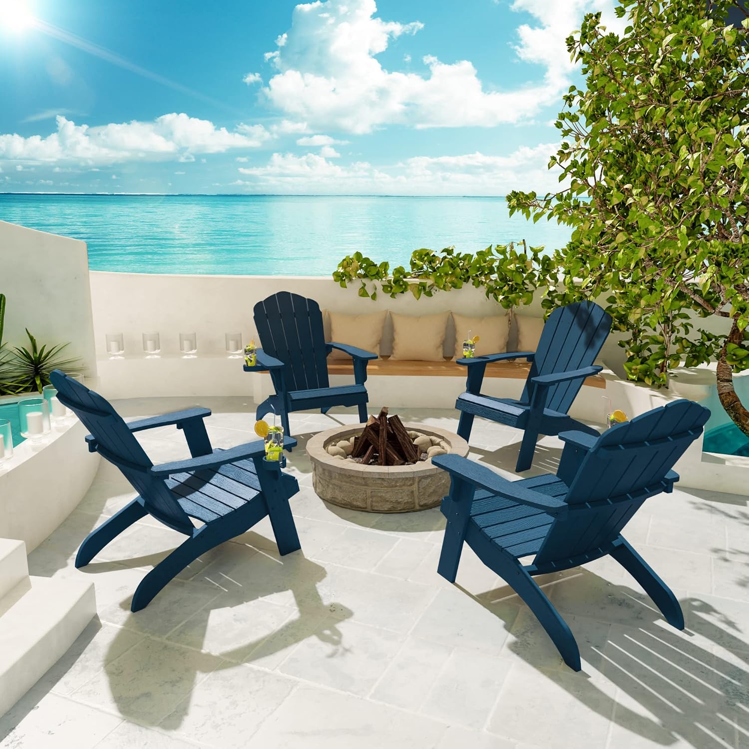 YEFU Oversized Adirondack Chair with Cup-Holder Plastic (Large Dual-Purpose), Weather Resistant, Poly Lumber Outdoor Chairs Duty Rating Widely Used in Patio, Lawn, Deck, Outdoor Chairs-Navy Blue : Patio, Lawn & Garden