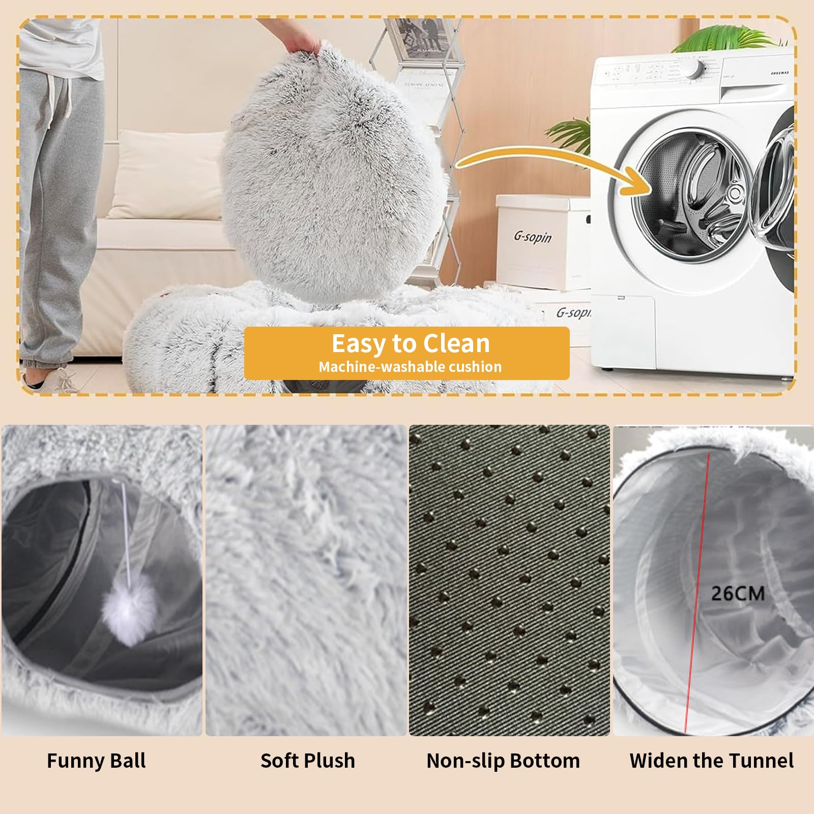 Katzentunnel, Tunnel für Katzen Rund mit Schlafplatz & Bed,Multifunktionales Faltbar Katzen Tunnel Katzenhöhle mit Spielball Interaktives Spielzeug für Indoor Kitten (Grau)
