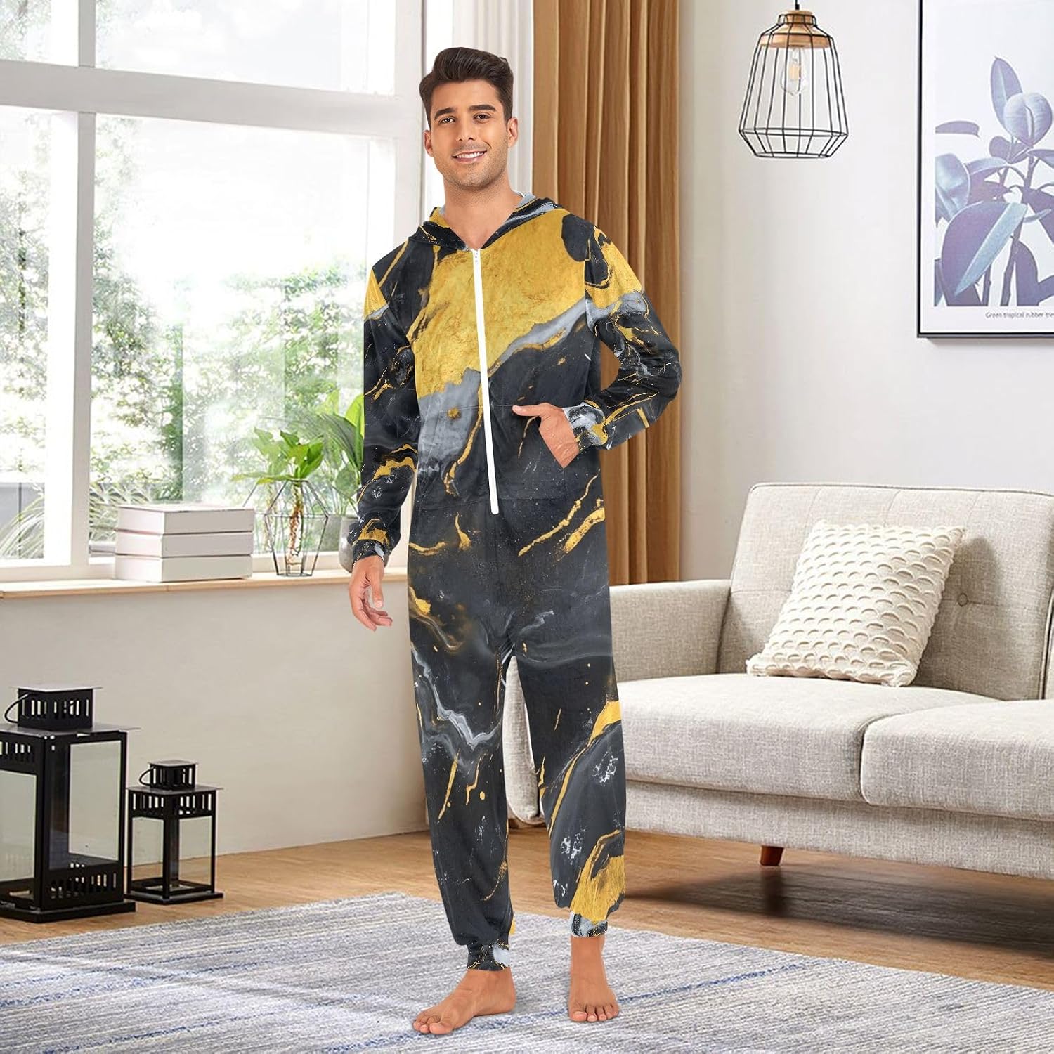 Black Marble Gold Unisex Adult Onesie Pajamas Comfy One Piece Costume Jumpsuits Novelty Sleepwear Homewear for Men Women