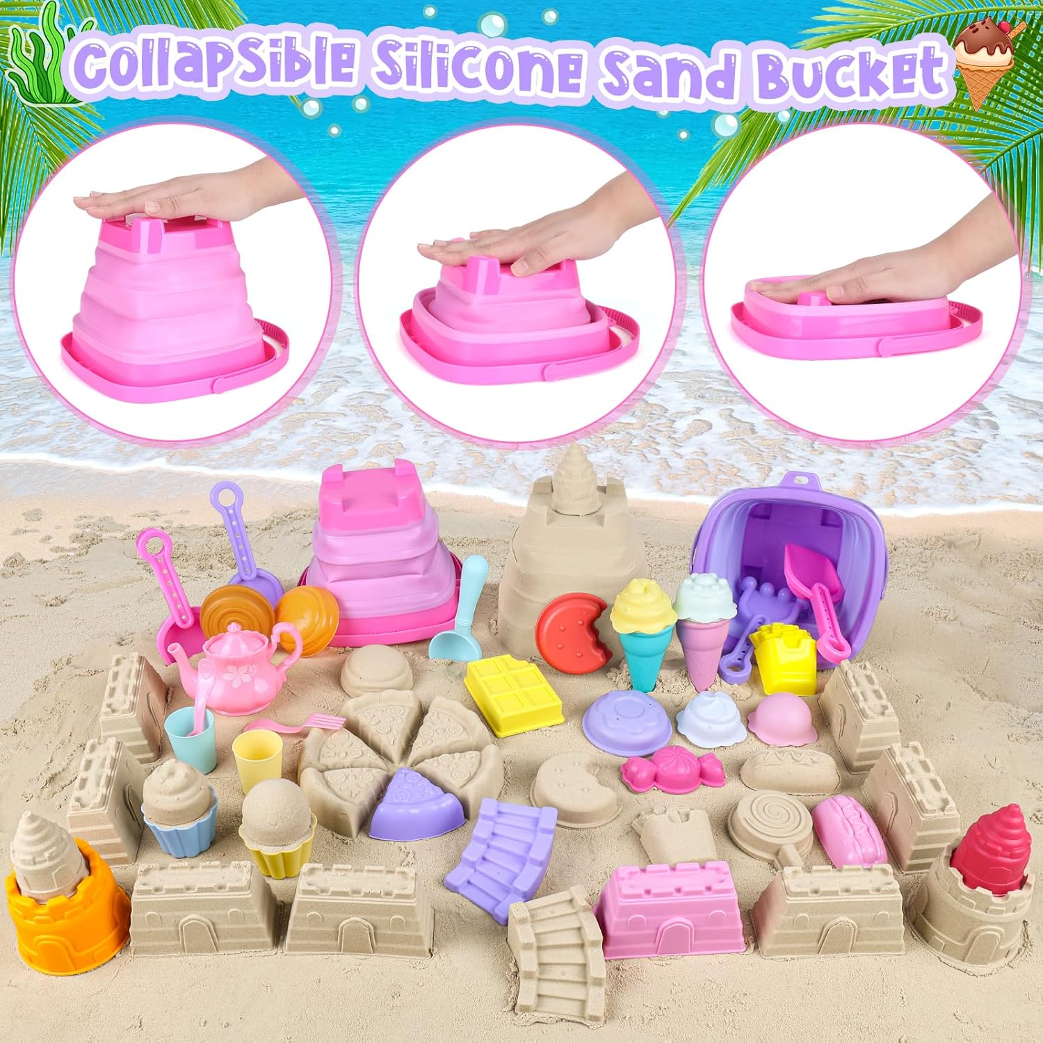 REZUCREY Collapsible Beach Toys for Toddlers, Sand Bucket and Shovels Set, Ice Cream Tea Set Travel Sand Toys for Beach & Mesh Bag, Castle Essentials Toy for Toddlers Kids Boys Girls Age 3-10