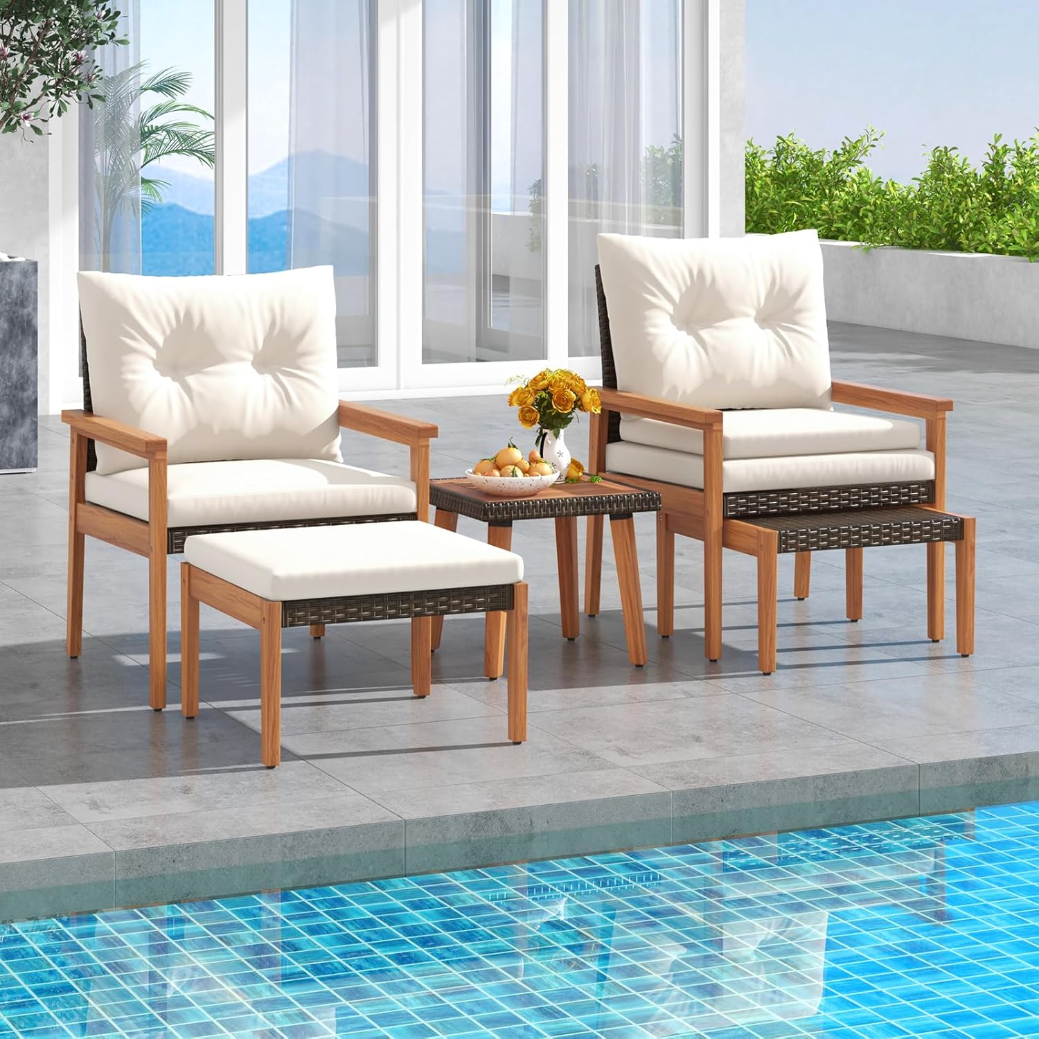 HAPPYGRILL 5 Pieces PE Rattan Patio Conversation Set, Wicker Chairs with Square Coffee Table, Ottomans & Soft Cushions, Outdoor Furniture Set with Solid Acacia Wood Frame for Porch, Balcony & Poolside