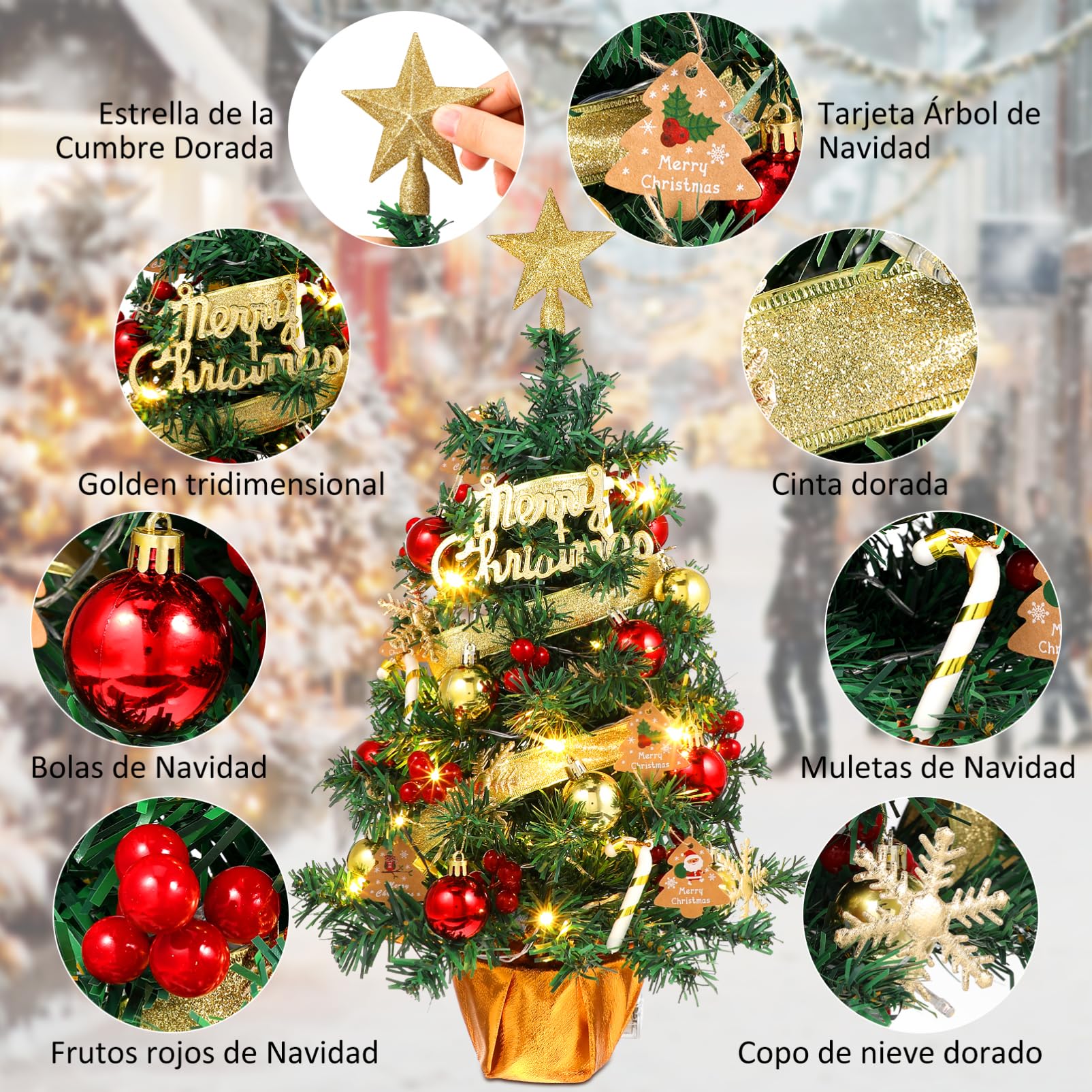 Cabilock Kleiner Weihnachtsbaum 60cm mit LED Lichtern und Kugeln für Tischdekoration