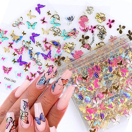 30 calcomanías de uñas de mariposa coloridas, calcomanías autoadhesivas 3D con diseños de arte de uñas dorados, suministros para mujeres y niñas