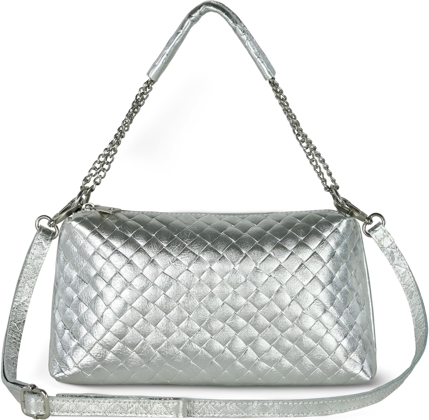 Italian Genuine Leather Crossbody Bag for Women with Embossed Metallic Suede & Chain Strap | Medium Shoulder Purse