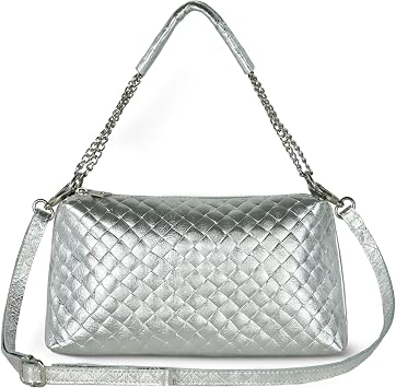 Italian Genuine Leather Crossbody Bag for Women with Embossed Metallic Suede & Chain Strap | Medium Shoulder Purse Silver