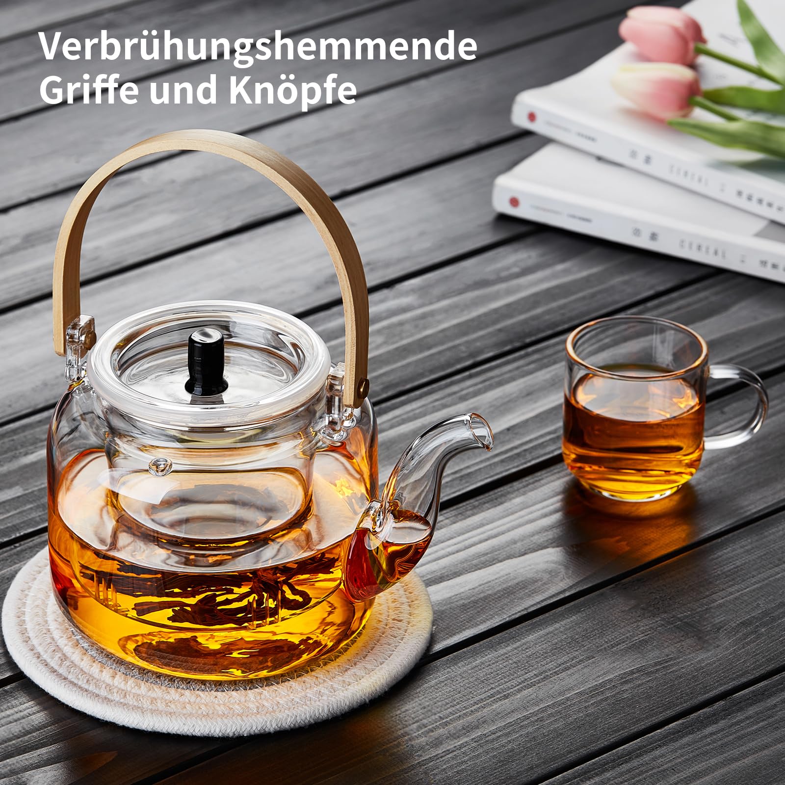 MESNEY Teekanne mit Siebeinsatz 1100ml – Teekanne Set mit 4 Tassen – Borosilikatglas Glaskanne Tee für losen Tee – Hitzebeständig und Tropffrei