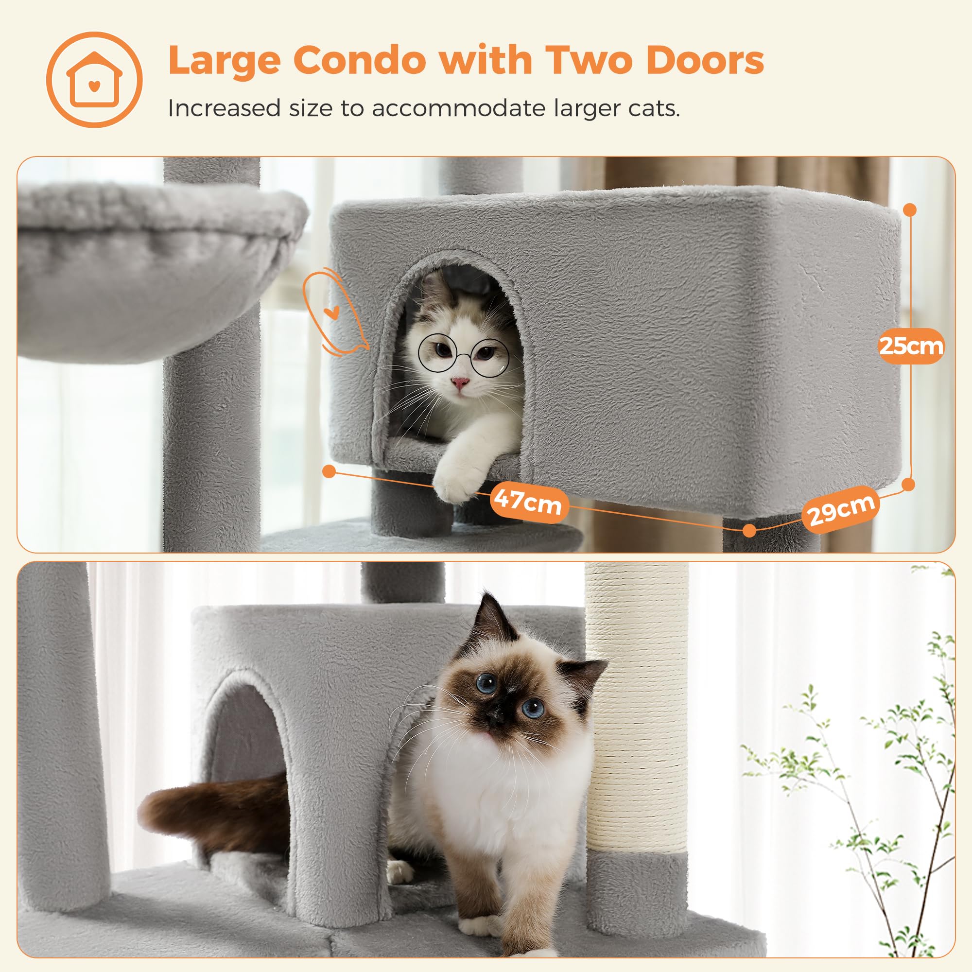 PETEPELA Tiragraffi da 143 cm, con cuscino rimovibile, palo per tiragraffi, cuccia doppia, extra grande per gatti pesanti, grigio