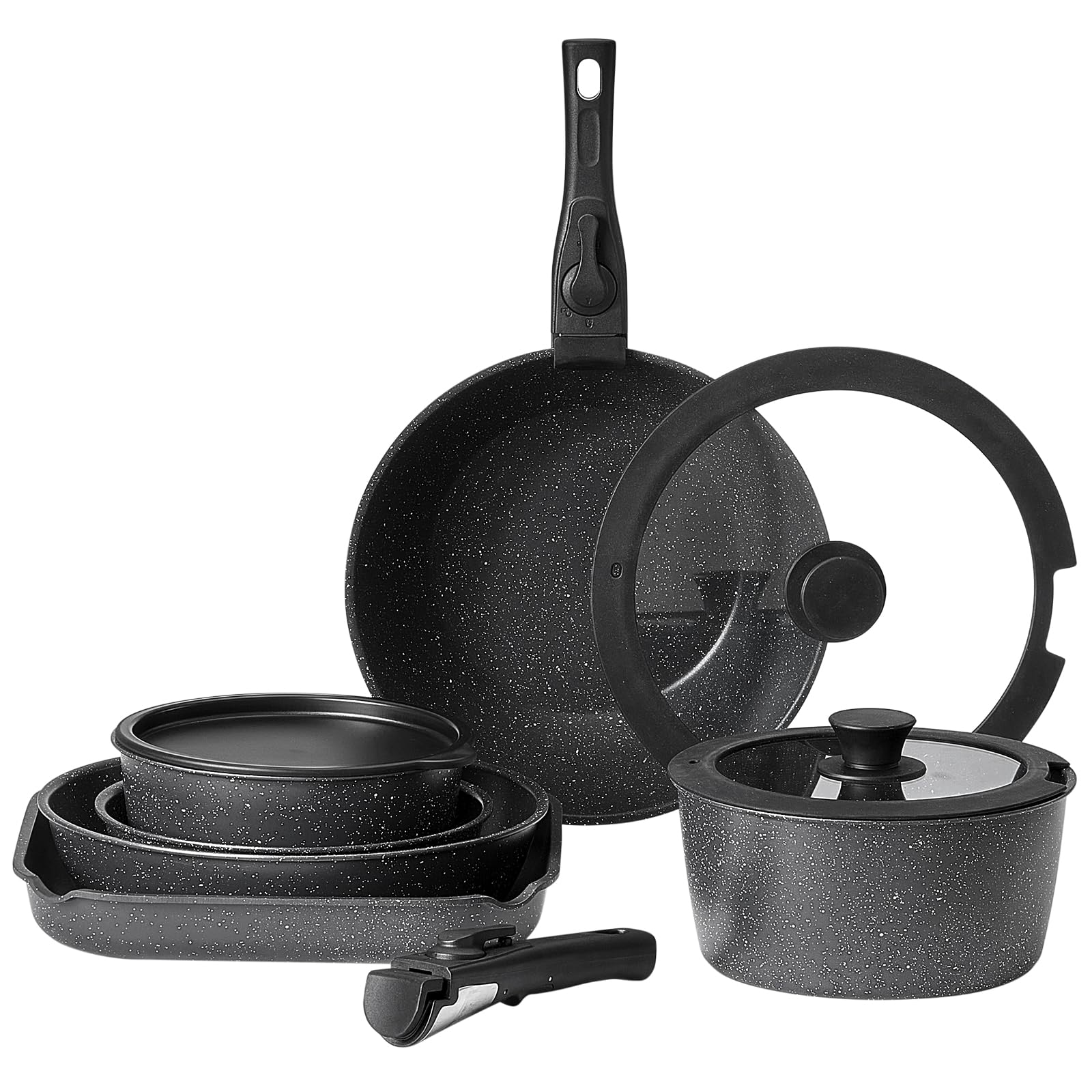 VEVOR Pentole e Padelle Antiaderenti, con Manico Staccabile, Set di Pentole a Induzione da Cucina per Camper, con Frittura, Coperchi in Vetro Temperato, Adatti al Forno,17 Pezzi Nero