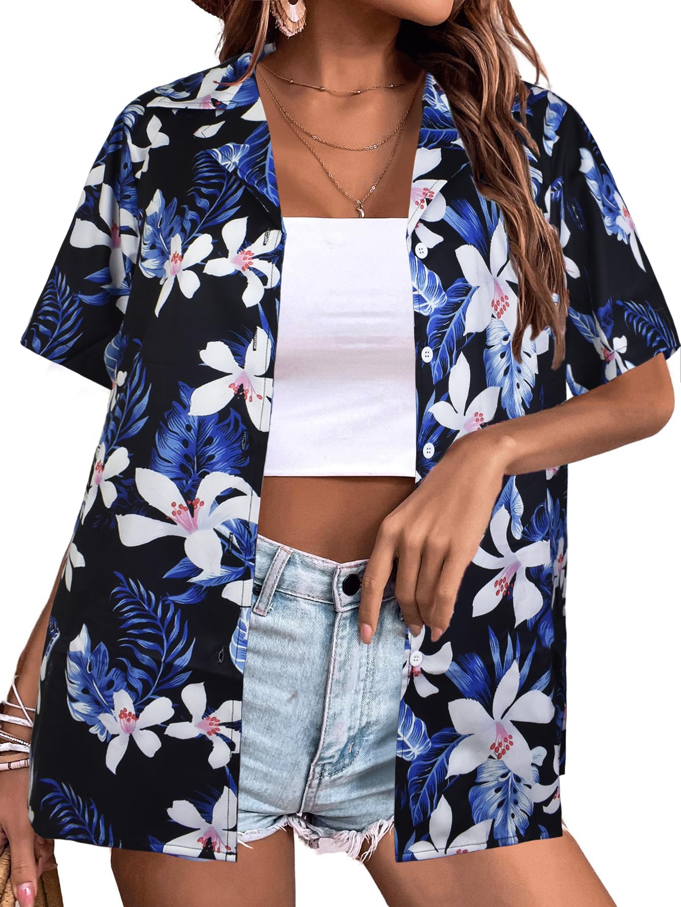Hawaiian Shirts for Women Tropical Floral V Neck Button Up Tshirt Summer Beach Short Sleeve Blouses Tops