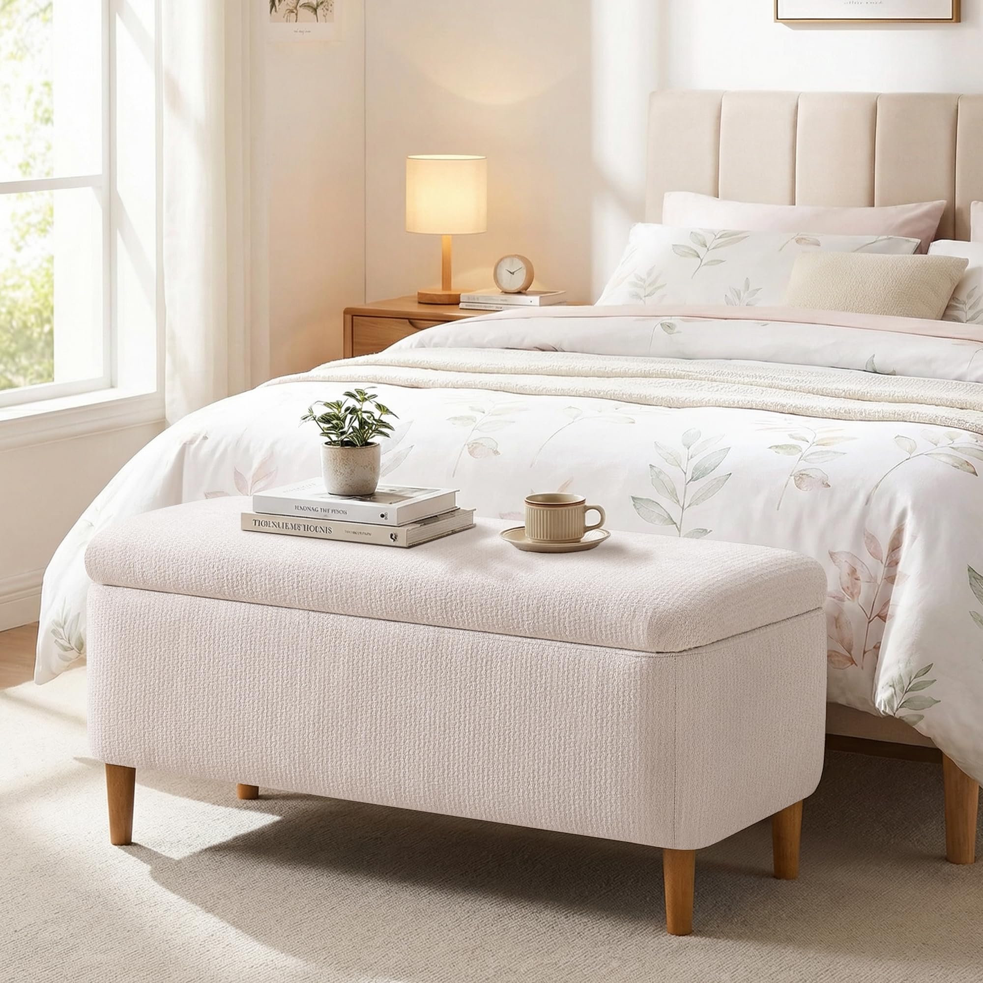 39.4”Ottoman with Storage,Upholstered Comfy Storage Bench Ottoman with Wooden Legs,End of Bed Bench Footstool for Hallway Entryway Bedroom Living Room (1, Beige)