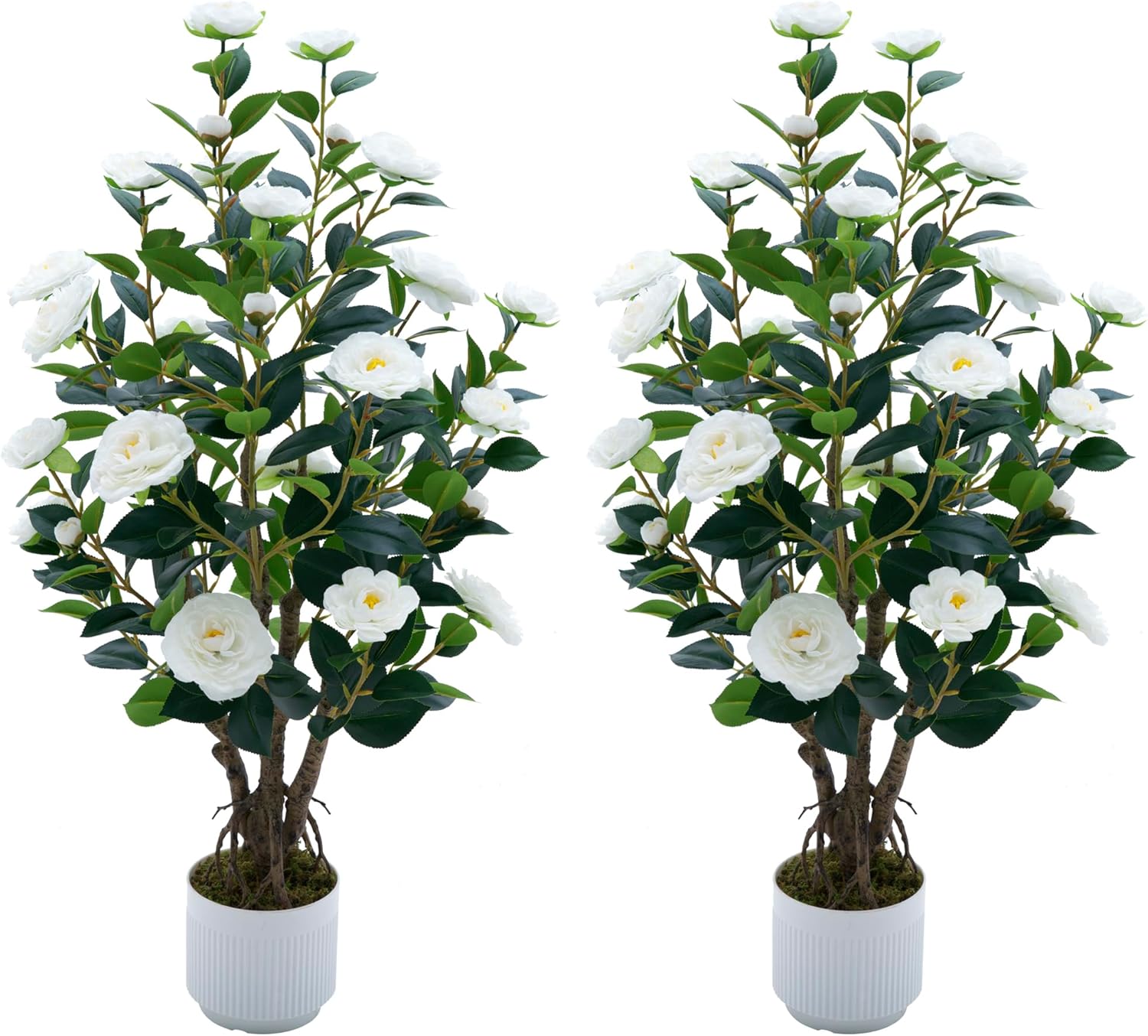 2 Pack Artificial Camellia Tree with White Pot, 24" Faux Potted Plants for Indoor Outdoor Decor, Tall Silk Greenery Plant for Home Office Living Room Balcony, Yellow