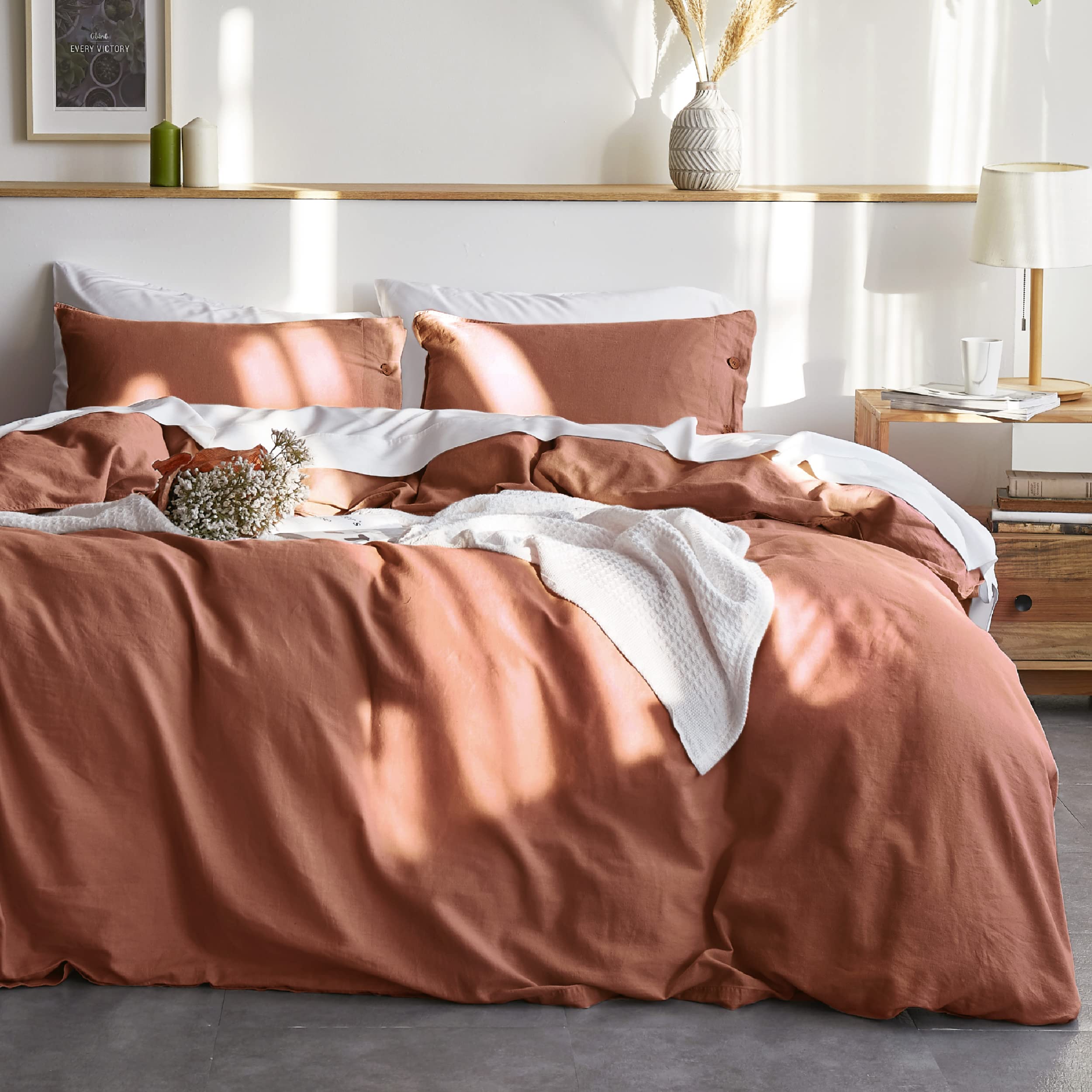 Bedsure Linen Duvet Cover King - Linen Cotton Blend Duvet Cover Set, Burnt Orange Linen Duvet, 3 Pieces, 1 Duvet Cover 104 x 90 Inches and 2 Pillowcases, Comforter Sold Separately