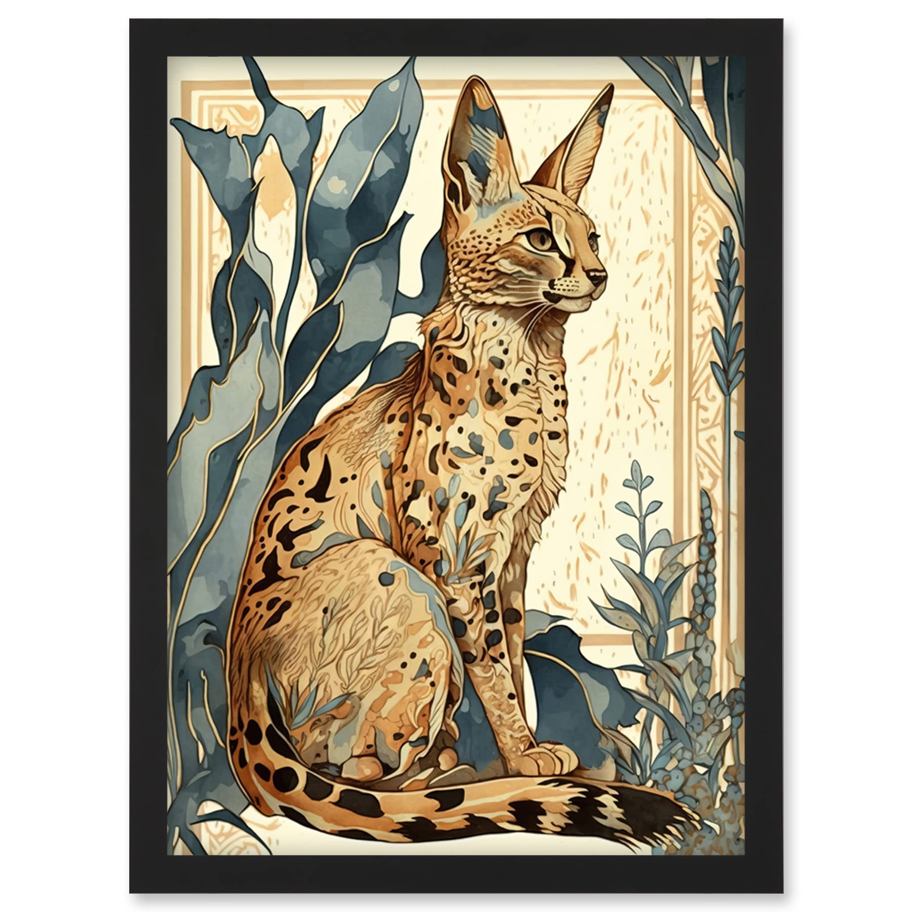 Artery8 Serval Cat with Teal Plants Watercolour Portrait Modern Illustration Artwork Framed Wall Art Print A4