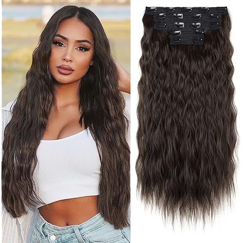 REECHO Clip in Hair Extensions, 5PCS Black Brown Hair Extensions 24" Thick Long Loose Waves hair extensions HE002 Invisible Lace Weft Natural Soft Hairpieces for Women – Black Brown
