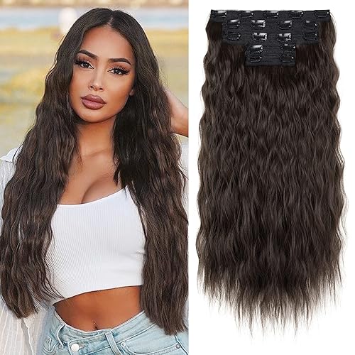 REECHO Extensiones de cabello con pinzas, 5 extensiones de cabello negro y marrón de 24 pulgadas de grosor, largas y sueltas, extensiones de cabello