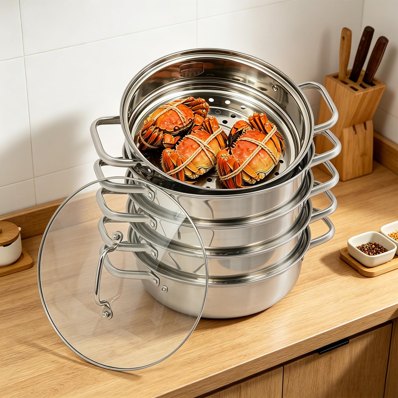 Dampfkochtöpfe mit Deckel - 28cm Edelstahl-Dampfkochtopf, mit 4 Dampfkorb Können 5-Stöckiger Dampfgarer zum Garen von Gemüse, Meeresfrüchten, Suppen, Eintöpfen und Nudeln