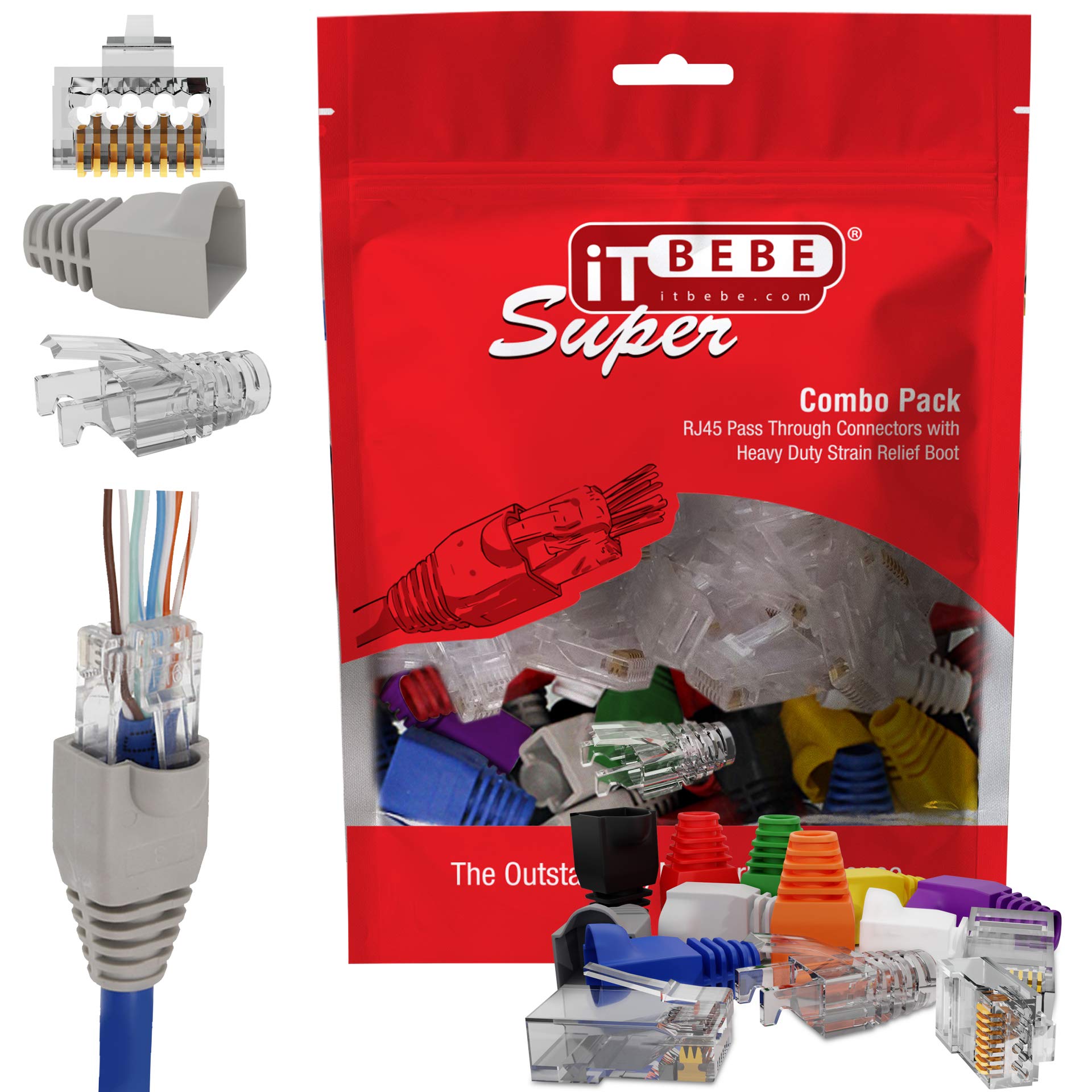 ITBEBE 60/60 RJ45 Cat6 Pass Through Connectors for 23 AWG Cables - 60 Cat6 Passthrough Connector Ends and 60 RJ45 Connectors Mixed Strain Relief Boots for Clean, snag-Free Ethernet Patch Cord
