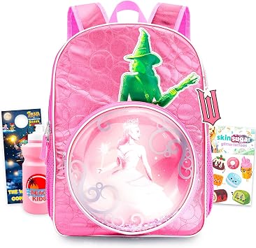 Wicked Backpack for Girls School Bundle w/ 16in Bookbag + More | Large Durable Glinda Elphaba School Bag w/ Front Zip Pocket Plus Water Bottle, Tattoos, More - Wicked School Supplies