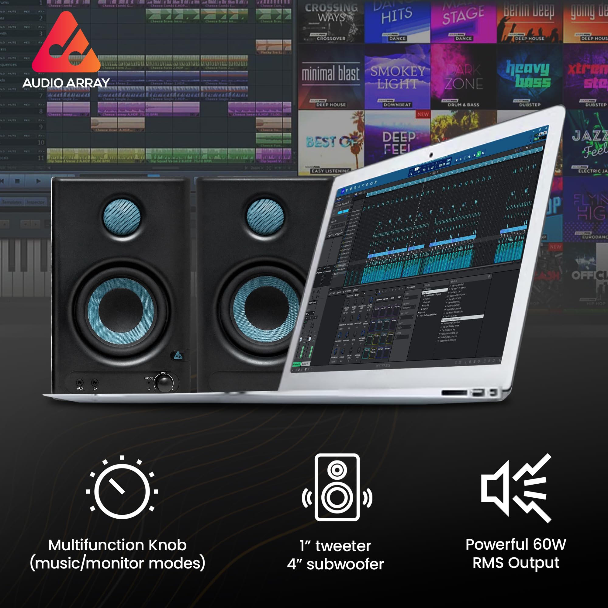 Audio Array AM-S1 BT v5.3 |Professional 4" Studio Monitor Speaker Pair| 60W Class D Amplification,Woven Composite Woofer,1" Silk-Dome Tweeter,EQ Controls|Music/Monitor Mode, Aux, HDMI, USB C, TRS, RCA - Image 5 thumbnail