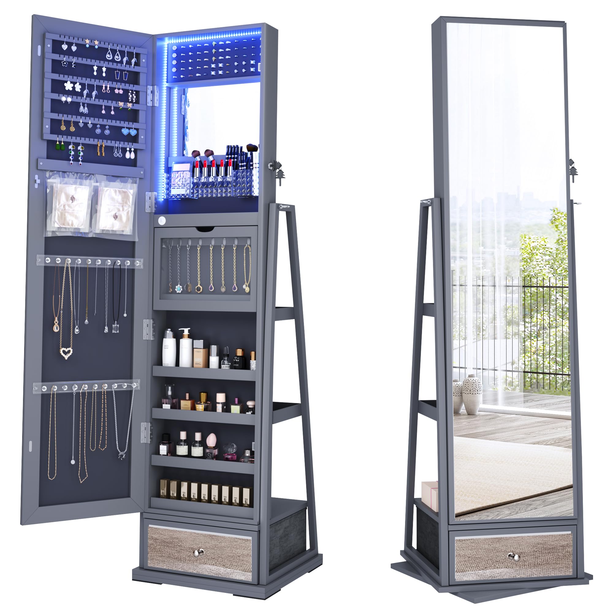 HWB Jewelry Cabinet with Light Storage: 360° Swivel Jewelry Storage with Full-Length Mirror - Standing Lockable Jewelry Armoire Organizer for Girls/Women Gifts - Grey