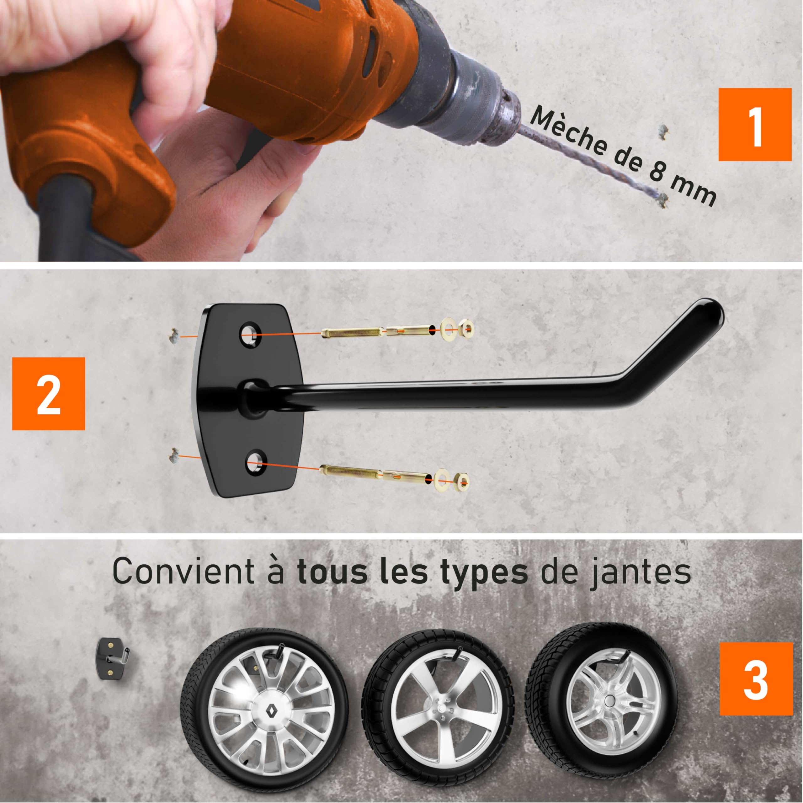 upgrade4cars Range Pneu Voiture Mural pour 4 Jantes | Crochets Mur pour Pneus | Support Roue jusqu'à 22 Pouces