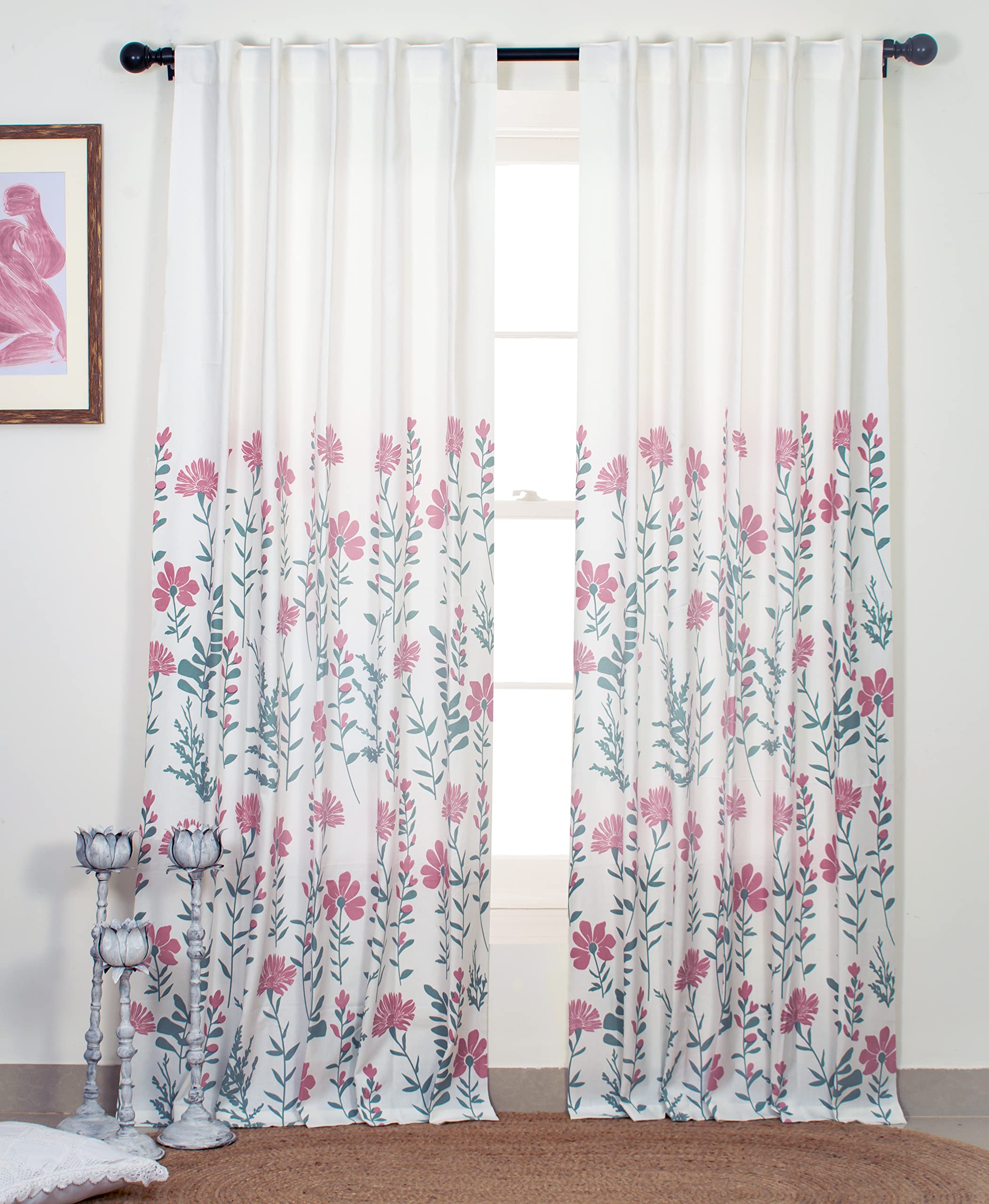 Tranquebar Curtain Co. Cotton Curtains 7 Feet Long Set of 2, 60-65% Room Darkening, Pink Floral Print, Door Curtains 7 Feet Set of 2, Door Curtains 7 Feet Set of 2, BackTabs, Mazzo (213 cm) - Set of 2