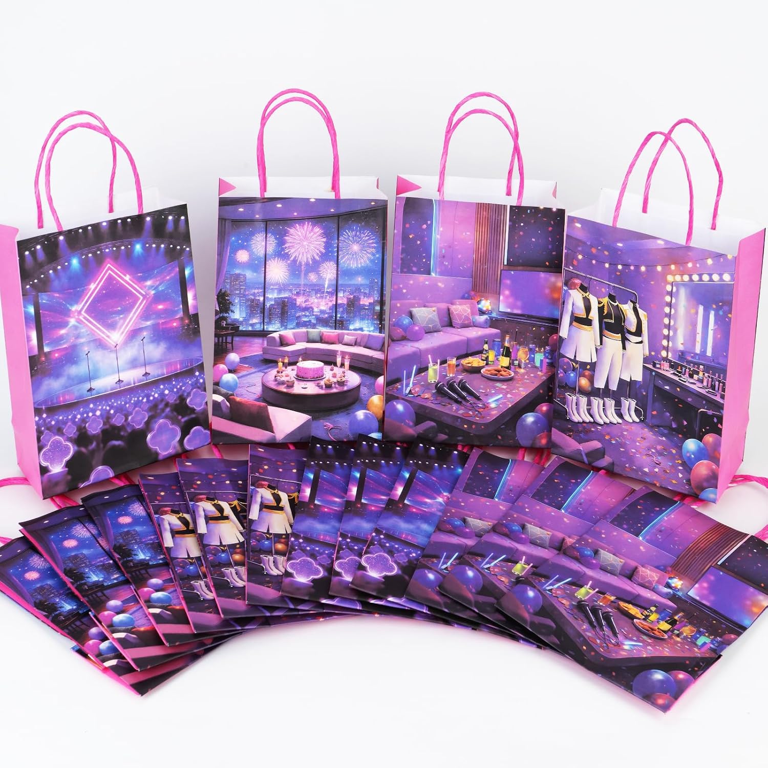 Kauai Sun KPop Korean Style Party Gift Bags with Handles, 16 Packs, 4 Designs, Purple Pink Magical Idol Concert Stage Paper Goodie Bags for Birthday Party Favors & Treats (8” x 6”) image 3