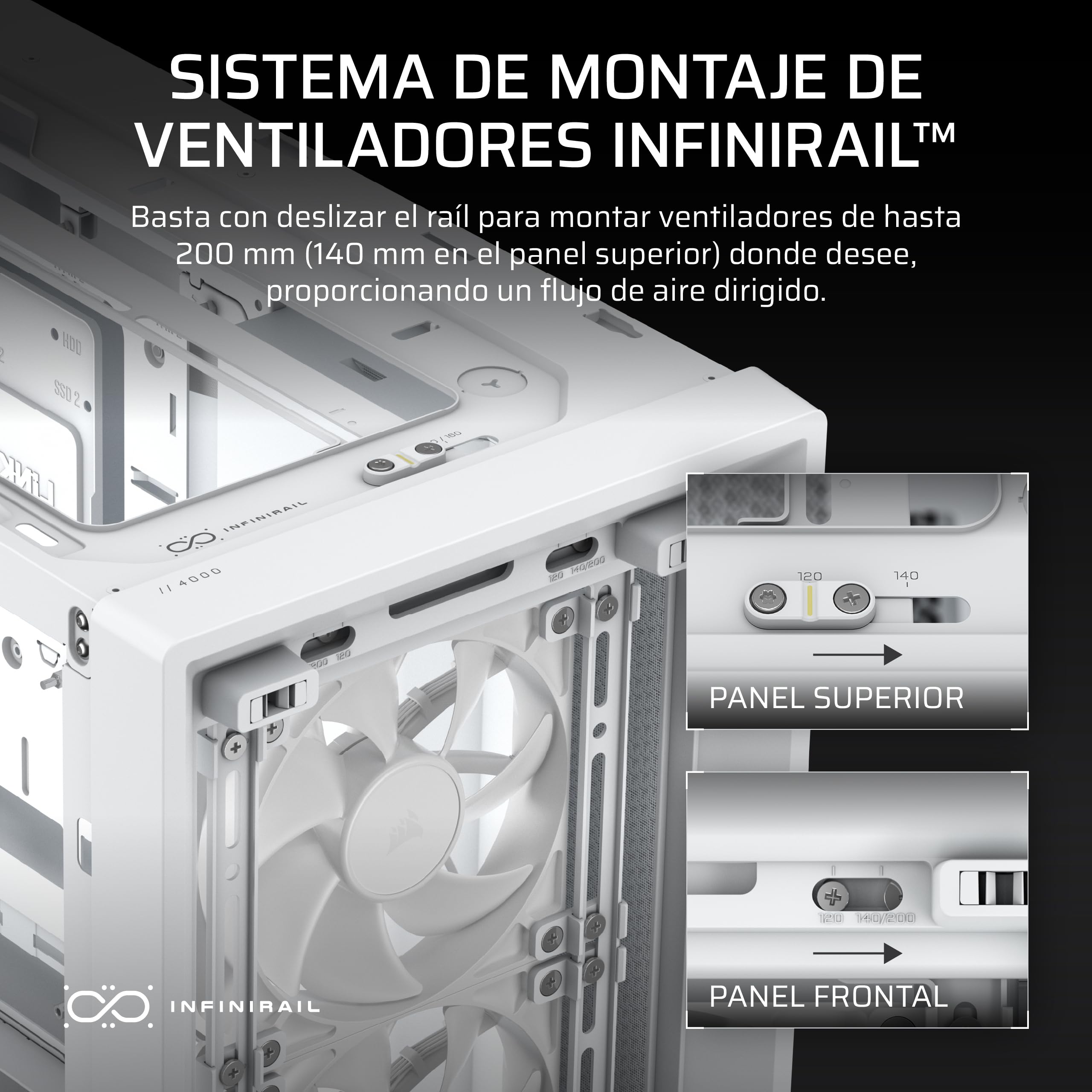 CORSAIR Frame 4000X RS Chasis para PC Modular ATX Semitorre – Blanco | Panel Frontal RGB, 4 Ventiladores RS120 PWM Incluidos, Sistema de Montaje InfiniRail, Brazo Anticaída GPU