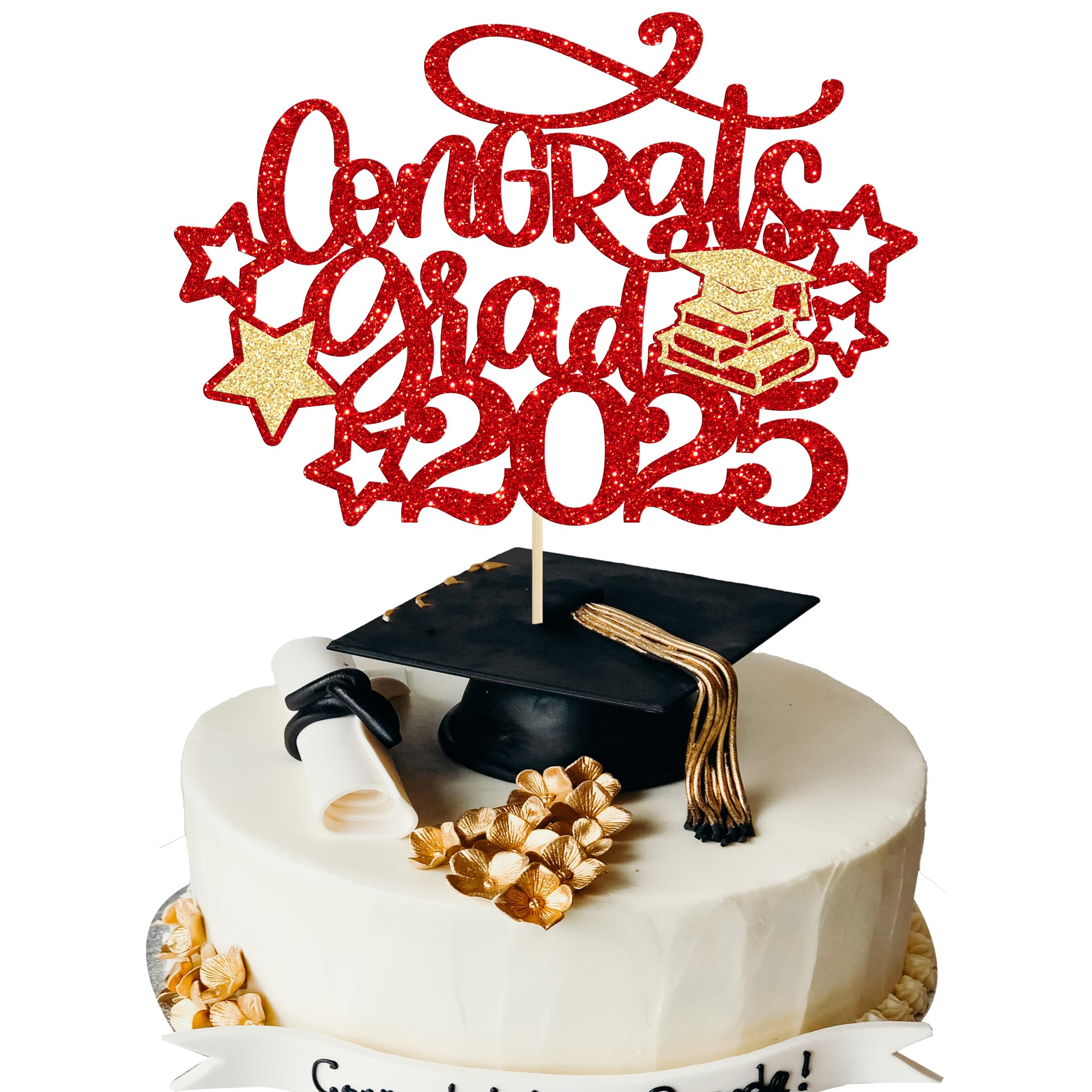 Gyufise 1Pc Congrats Grad 2026 Cake Topper Glitter Diploma Grad Cap Cake Pick Class of 2026 Senior Graduation Cake Decoration for 2026 Graduation Theme Party Decorations Supplies Red